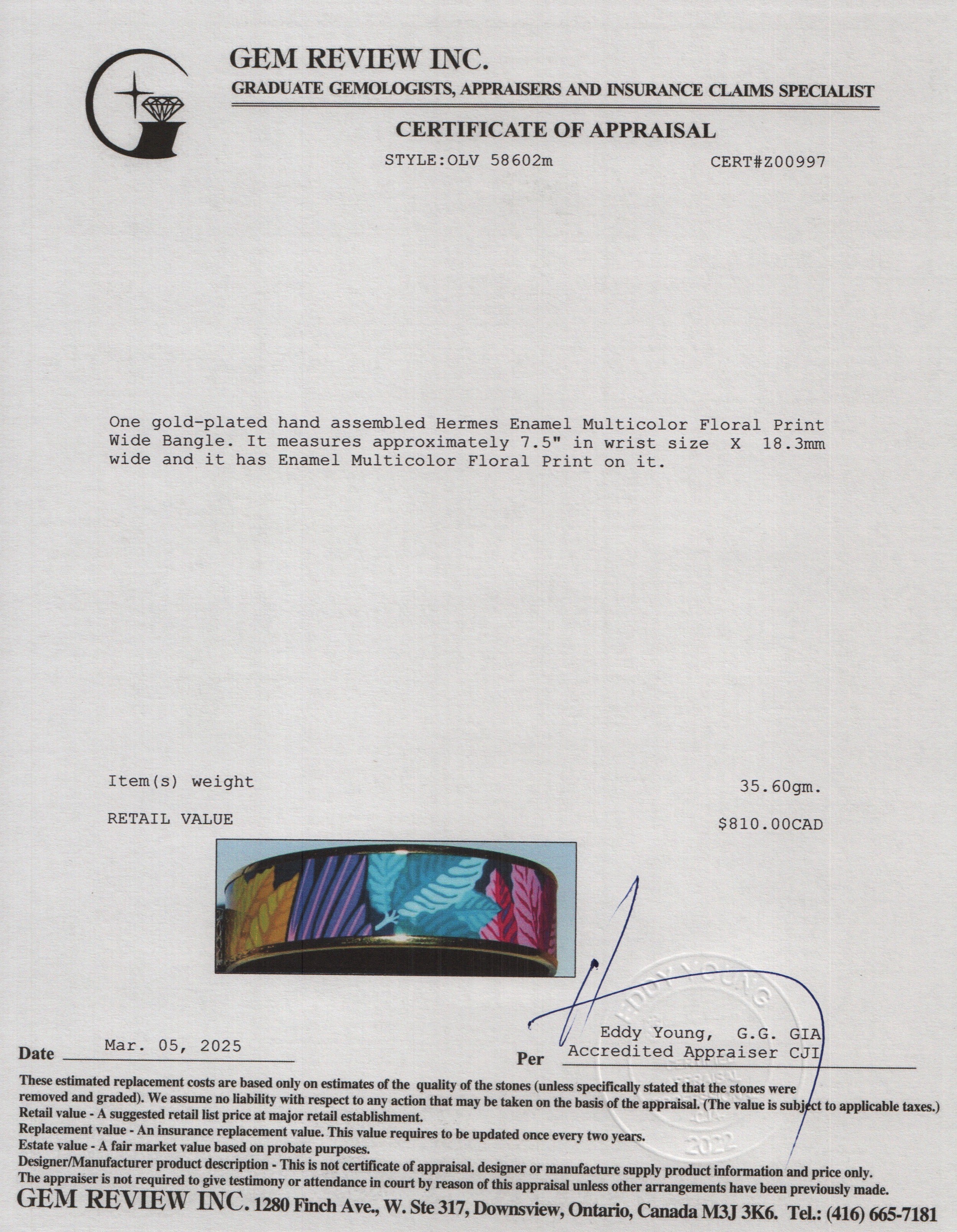 Hermes Gold-Plated Enamel Multicolor Floral Print Wide Bangle