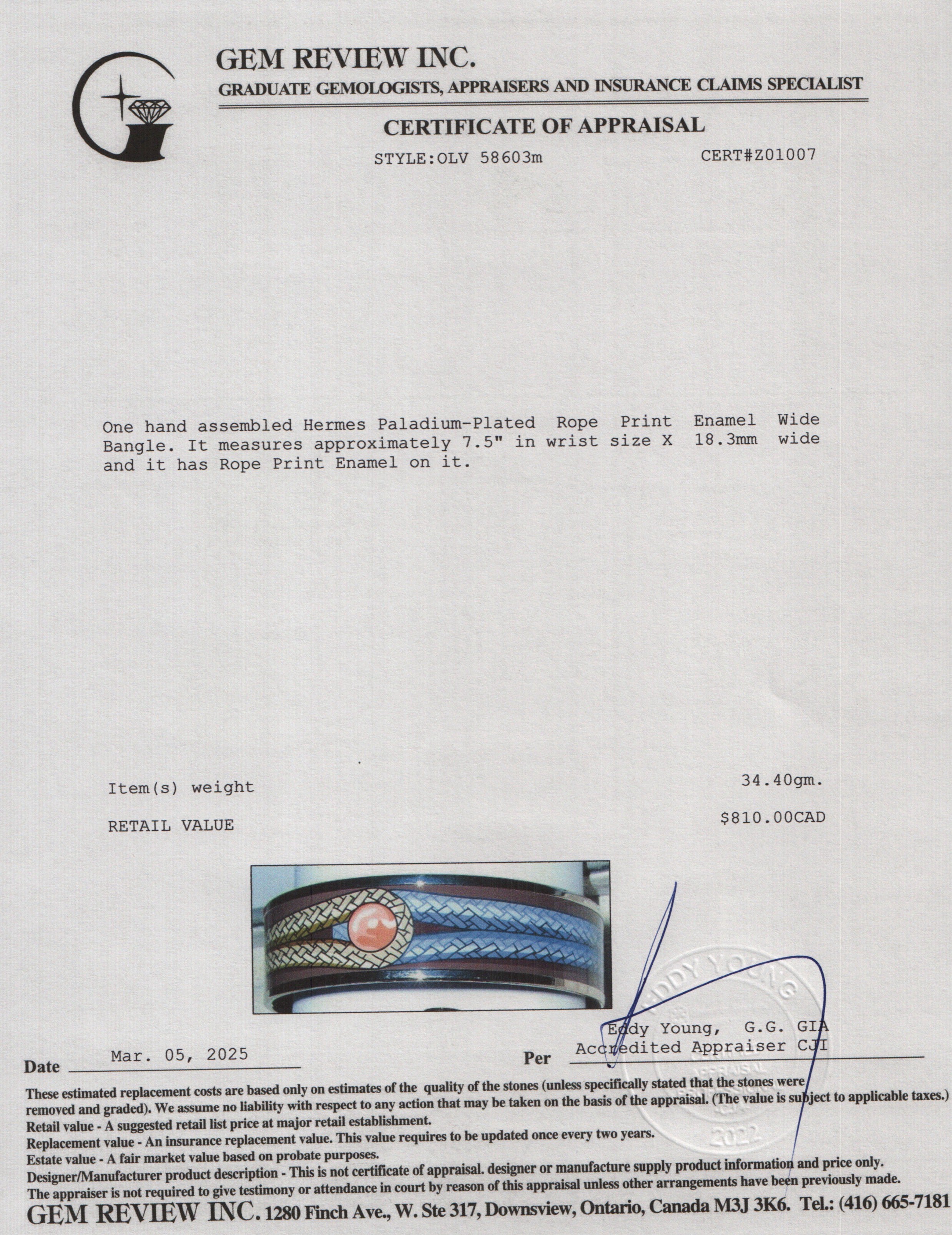 Hermes Paladium-Plated Rope Print Enamel Wide Bangle