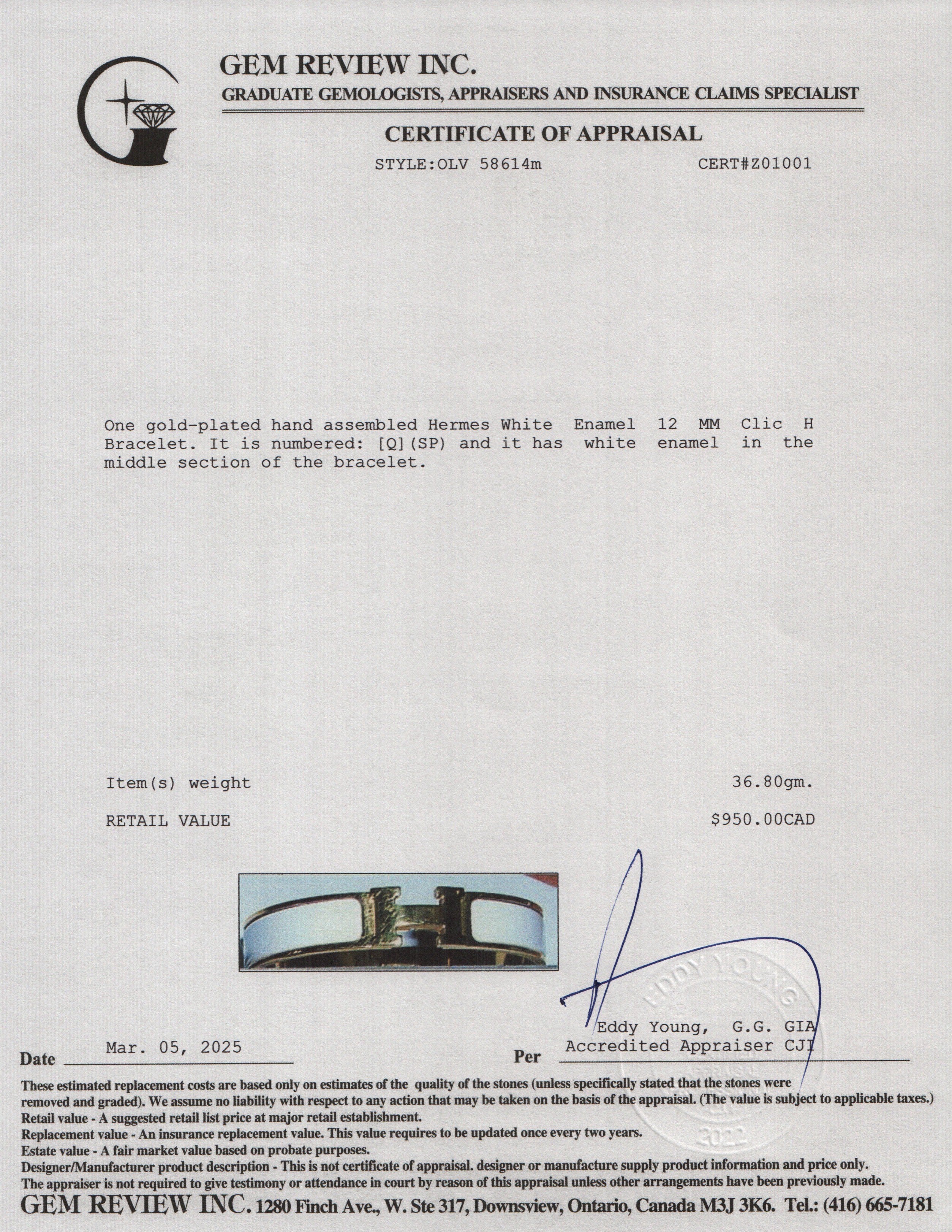 Hermes Gold Plated White Enamel 12 MM Clic H Bracelet