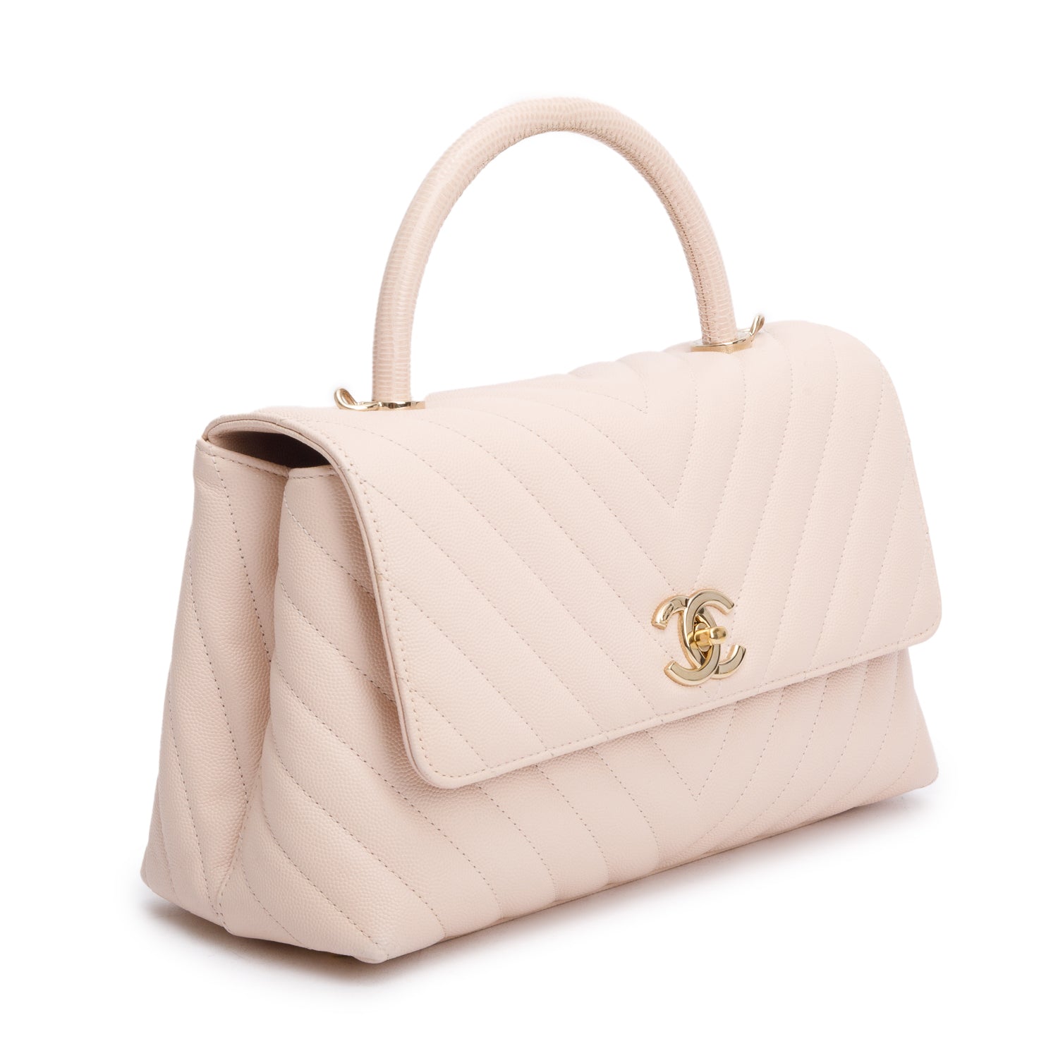 Chanel 2020 Pink Chevron Quilted Caviar Leather Medium Coco Handle Bag w/ Strap & Authenticity Card