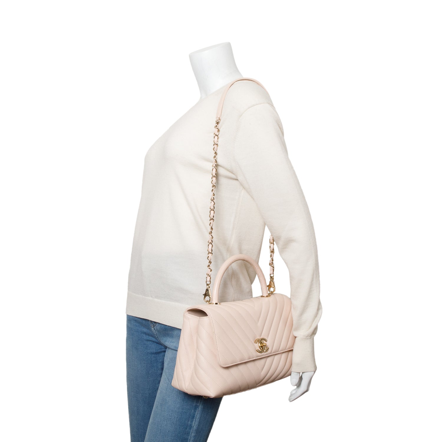 Chanel 2020 Pink Chevron Quilted Caviar Leather Medium Coco Handle Bag w/ Strap & Authenticity Card