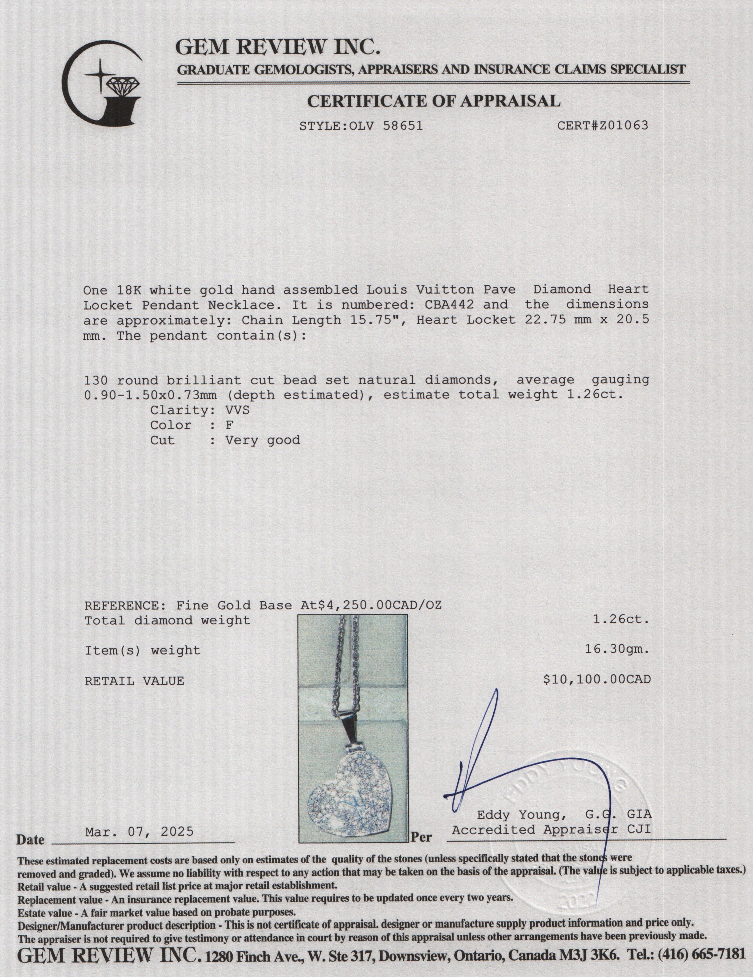 Louis Vuitton 18k White Gold Pave Diamond Heart Locket Pendant Necklace