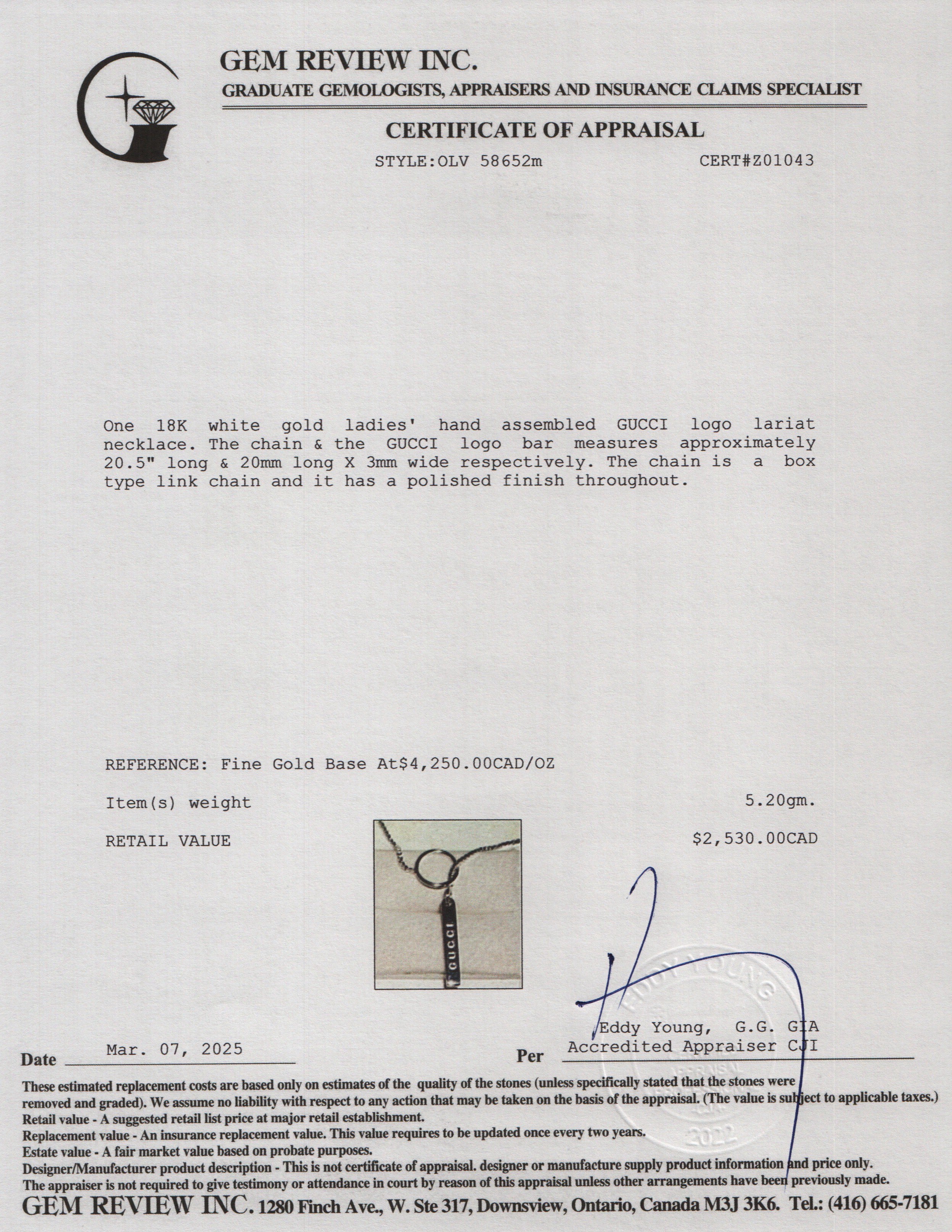 Gucci 18k White Gold Logo Lariat Necklace