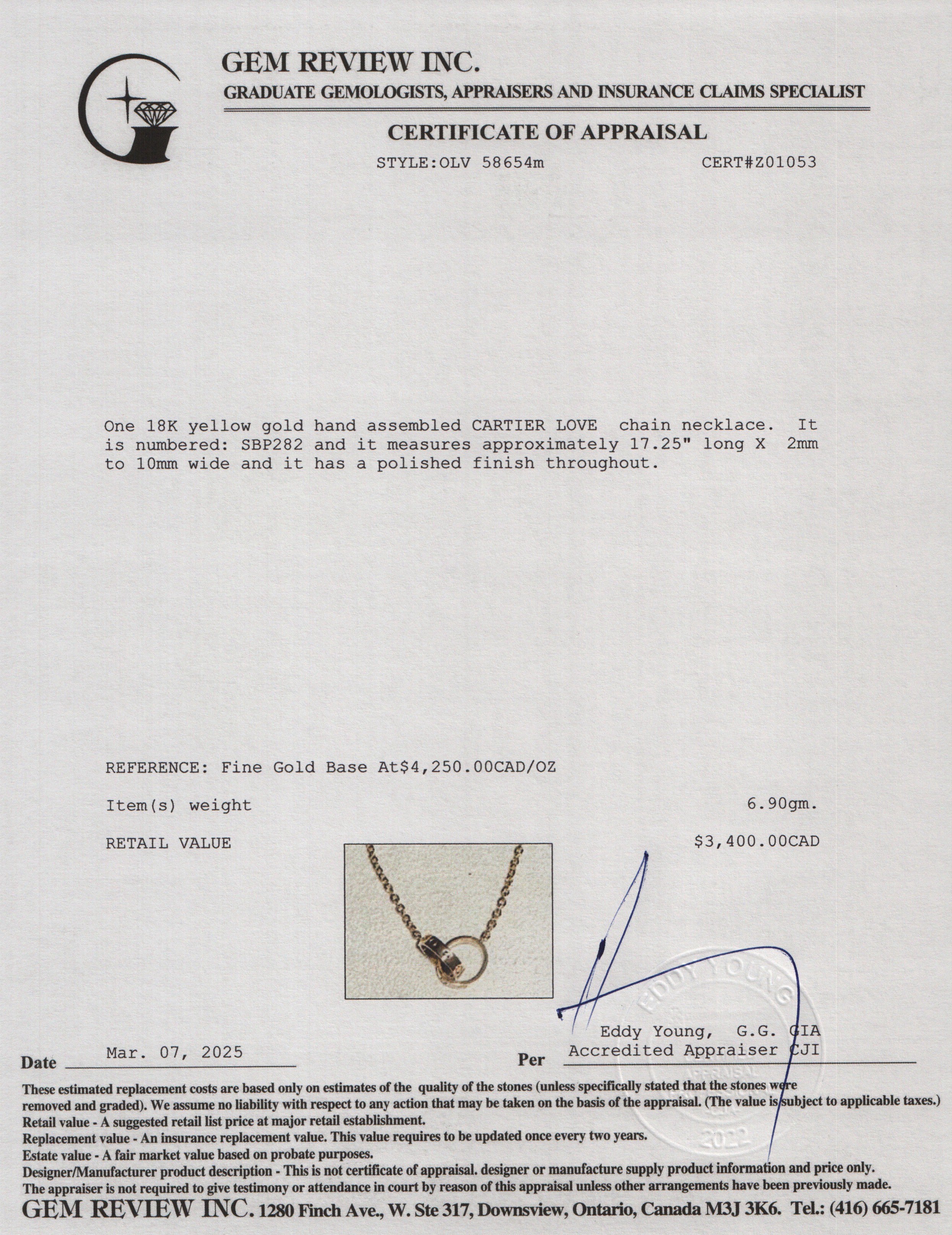 Cartier 18k Yellow Gold Love Necklace w/ Box, Receipt & Certificate