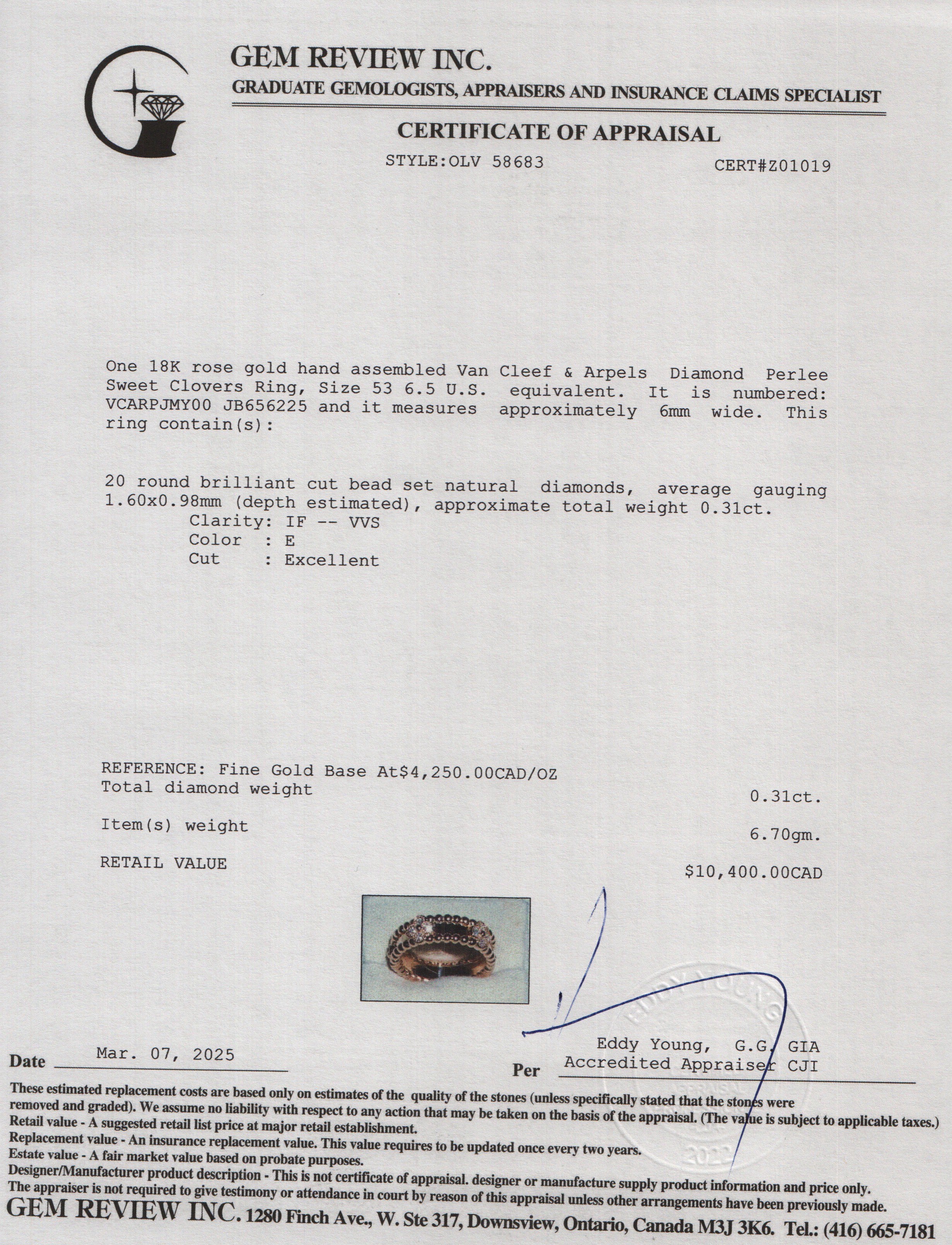 Van Cleef & Arpels 18k Rose Gold Diamond Perlee Sweet Clovers Ring, Size 53 6.5 w/ Box & Certificate