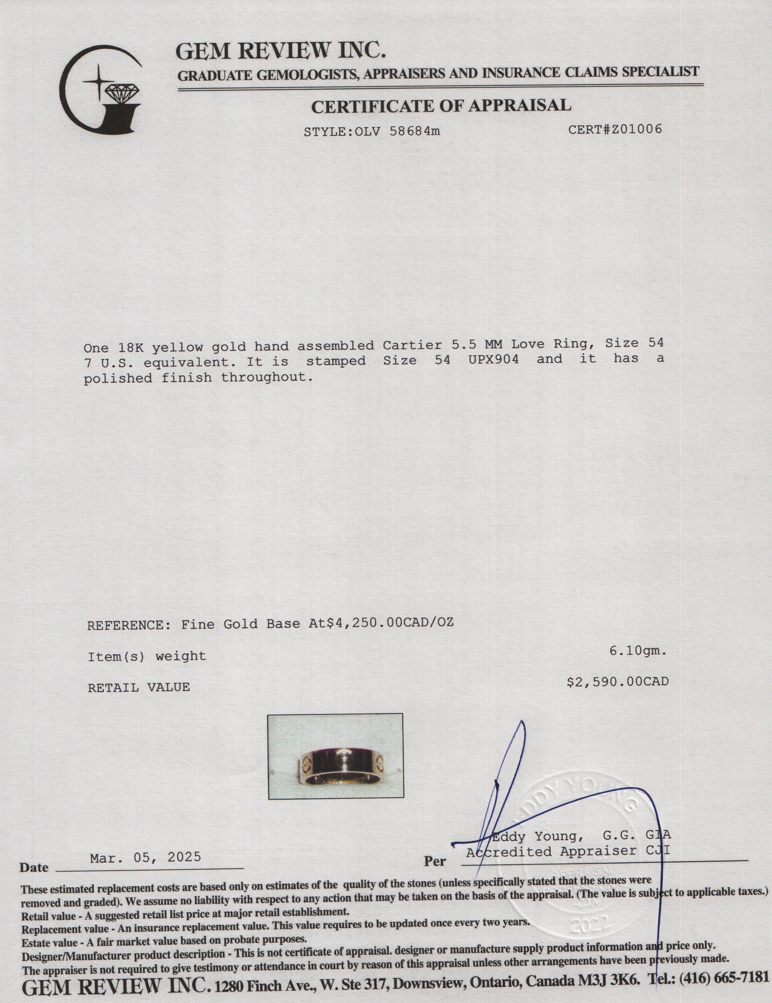 Cartier 18k Yellow Gold 5.5 MM Love Ring, Size 54 7