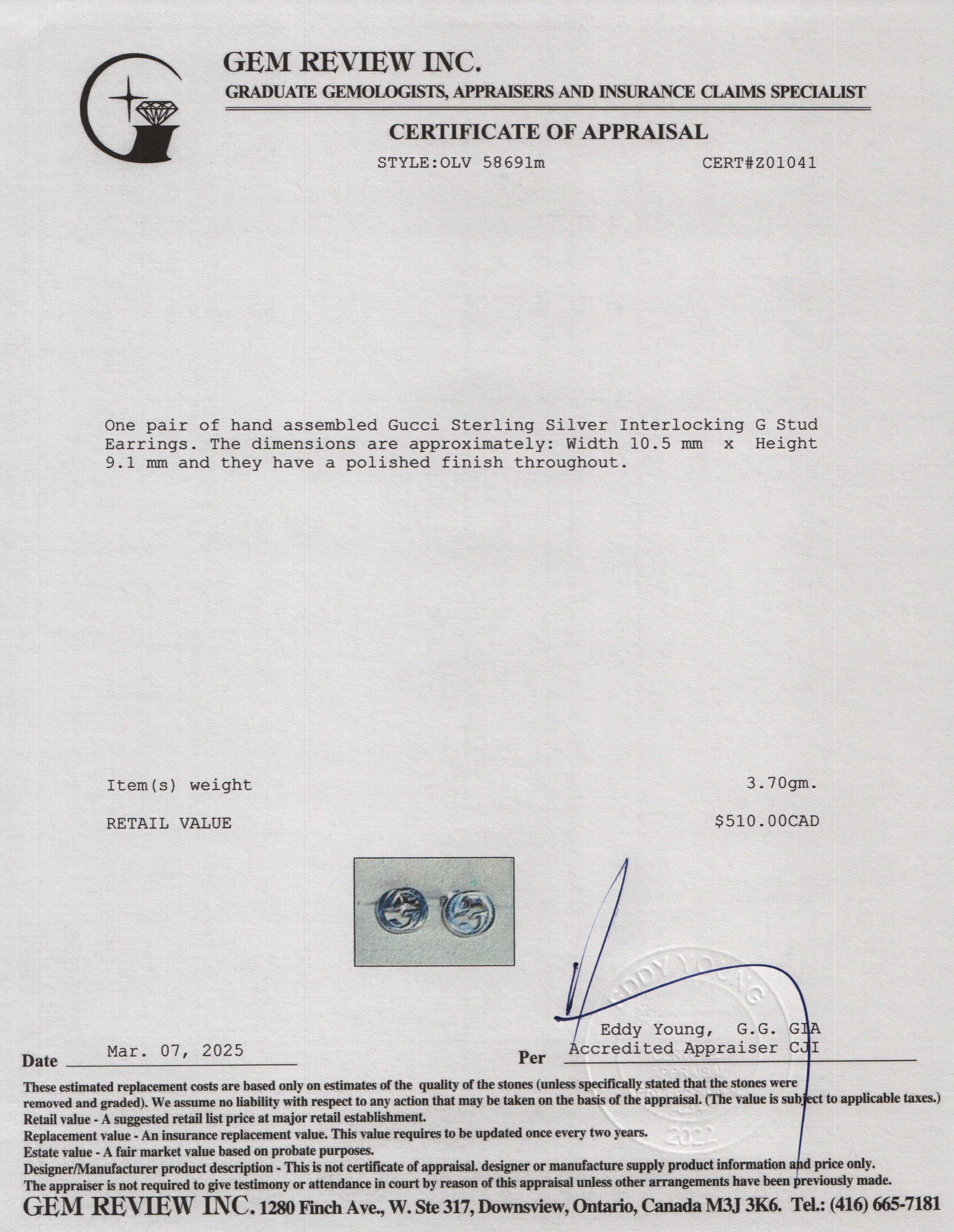 Gucci Sterling Silver Interlocking G Stud Earrings w/ Box