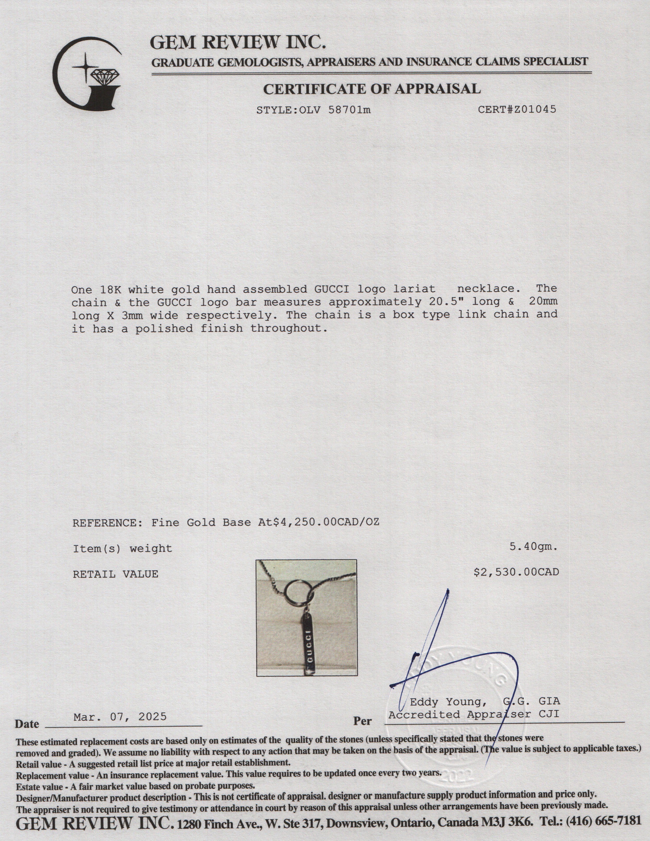 Gucci 18k White Gold Logo Lariat Necklace