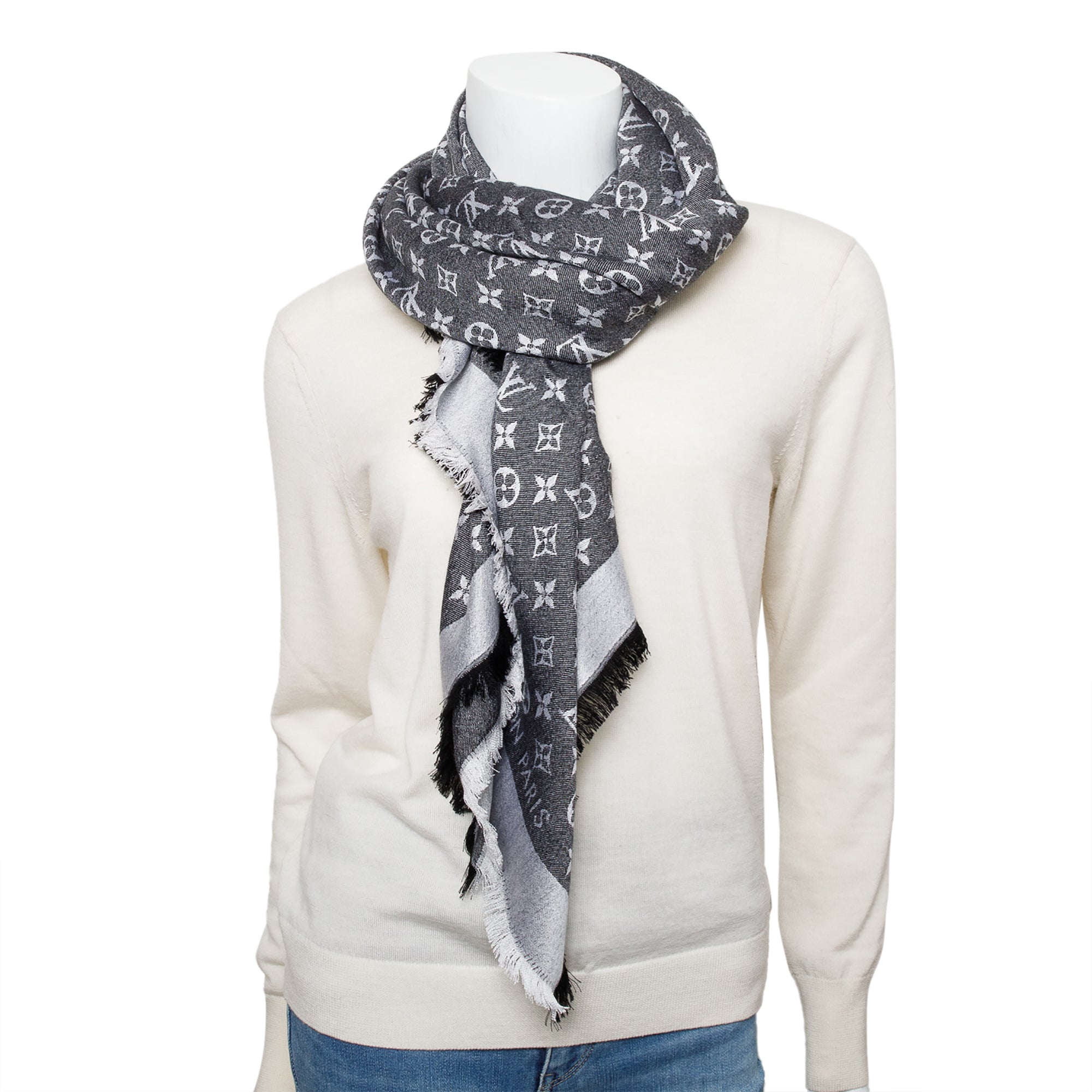 Louis Vuitton Grey/Black Monogram Denim Shine Shawl Scarf w/ Box