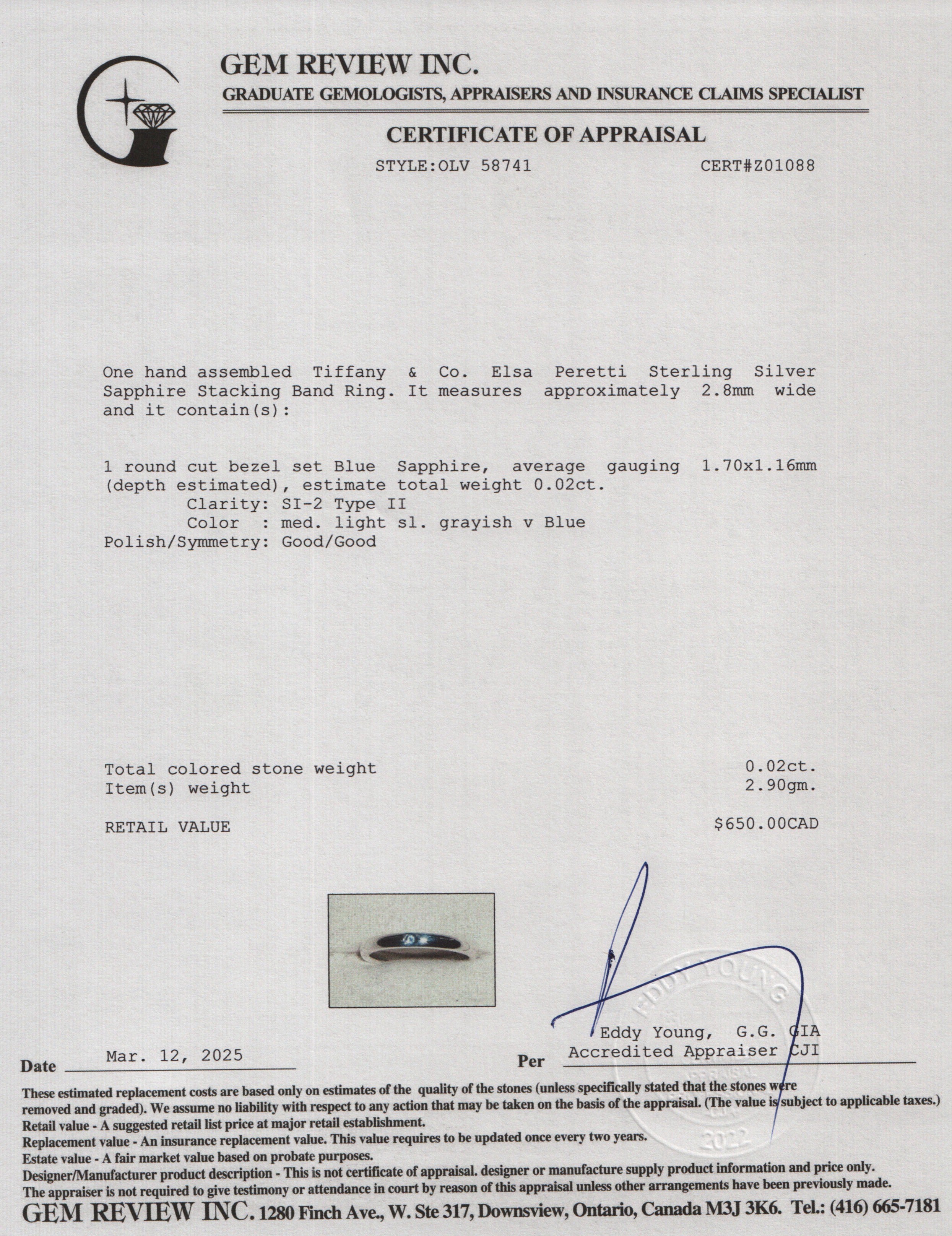 Tiffany & Co. Elsa Peretti Sterling Silver Sapphire Stacking Band Ring, Size 8