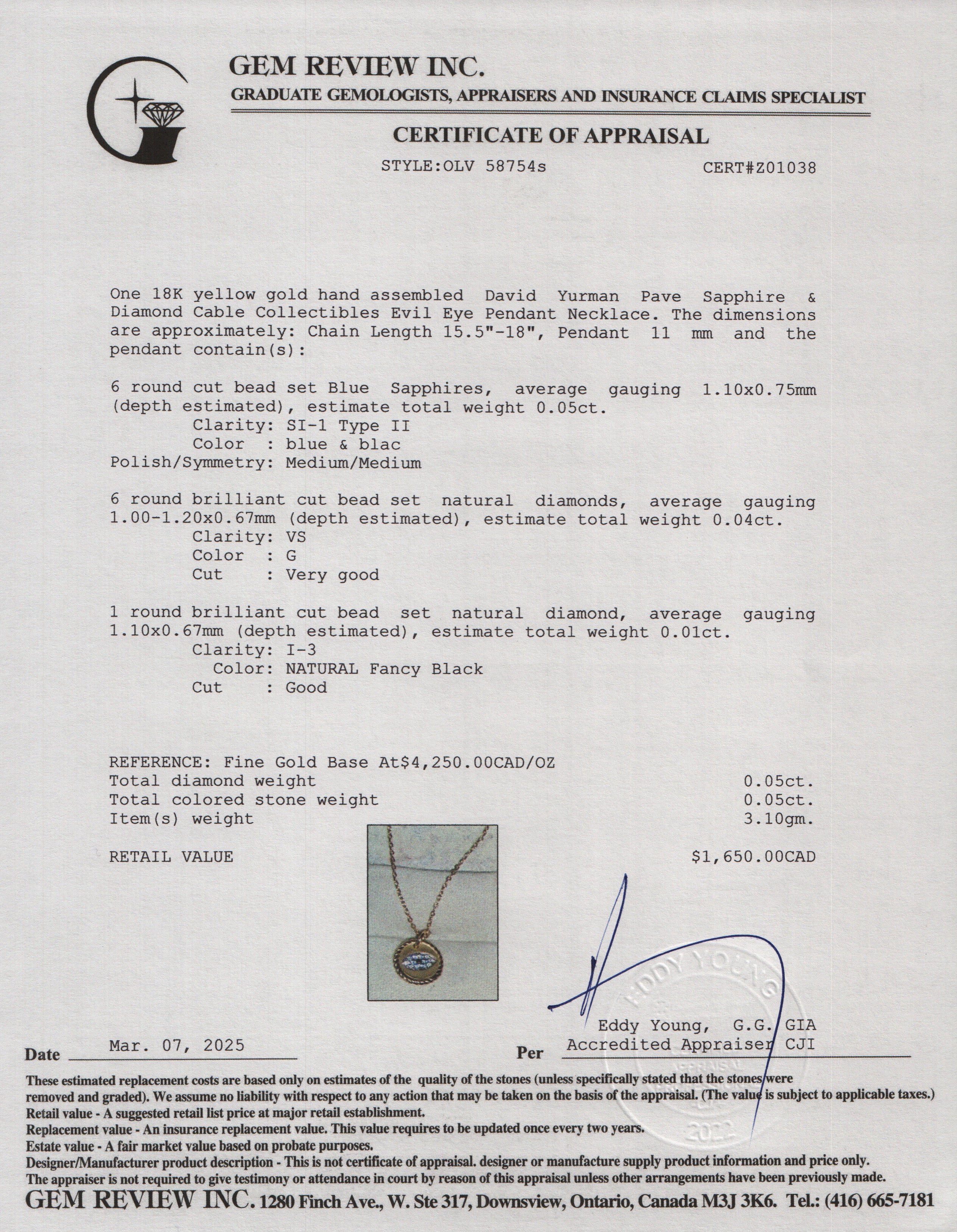 David Yurman 18k Yellow Gold Pave Sapphire & Diamond Cable Collectibles Evil Eye Pendant Necklace w/ Box & Receipt