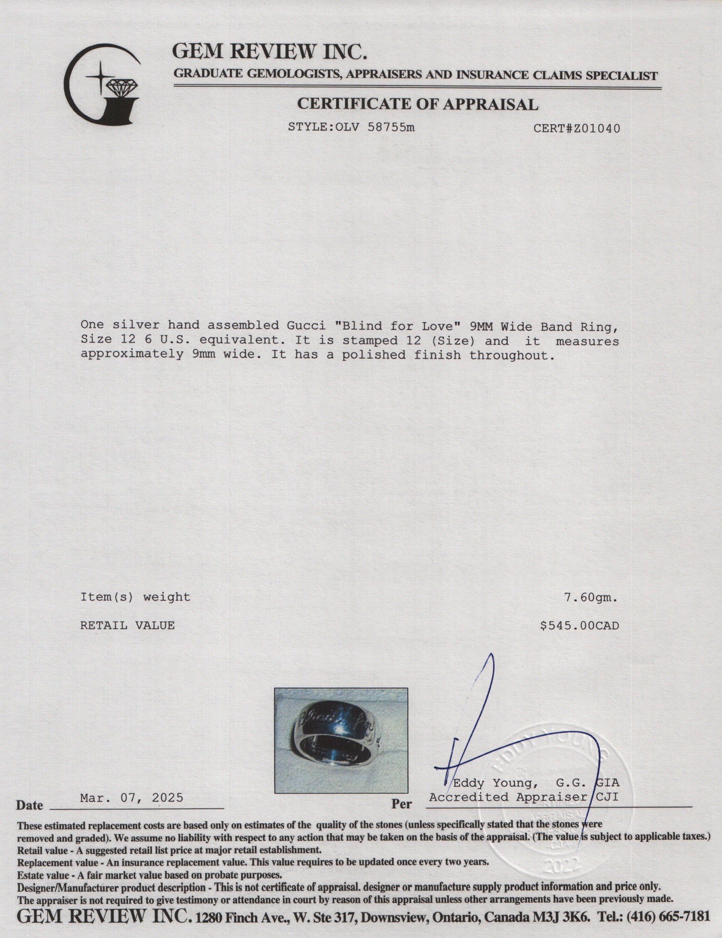 Gucci Sterling Silver "Blind for Love" 9MM Wide Band Ring, Size 12 6