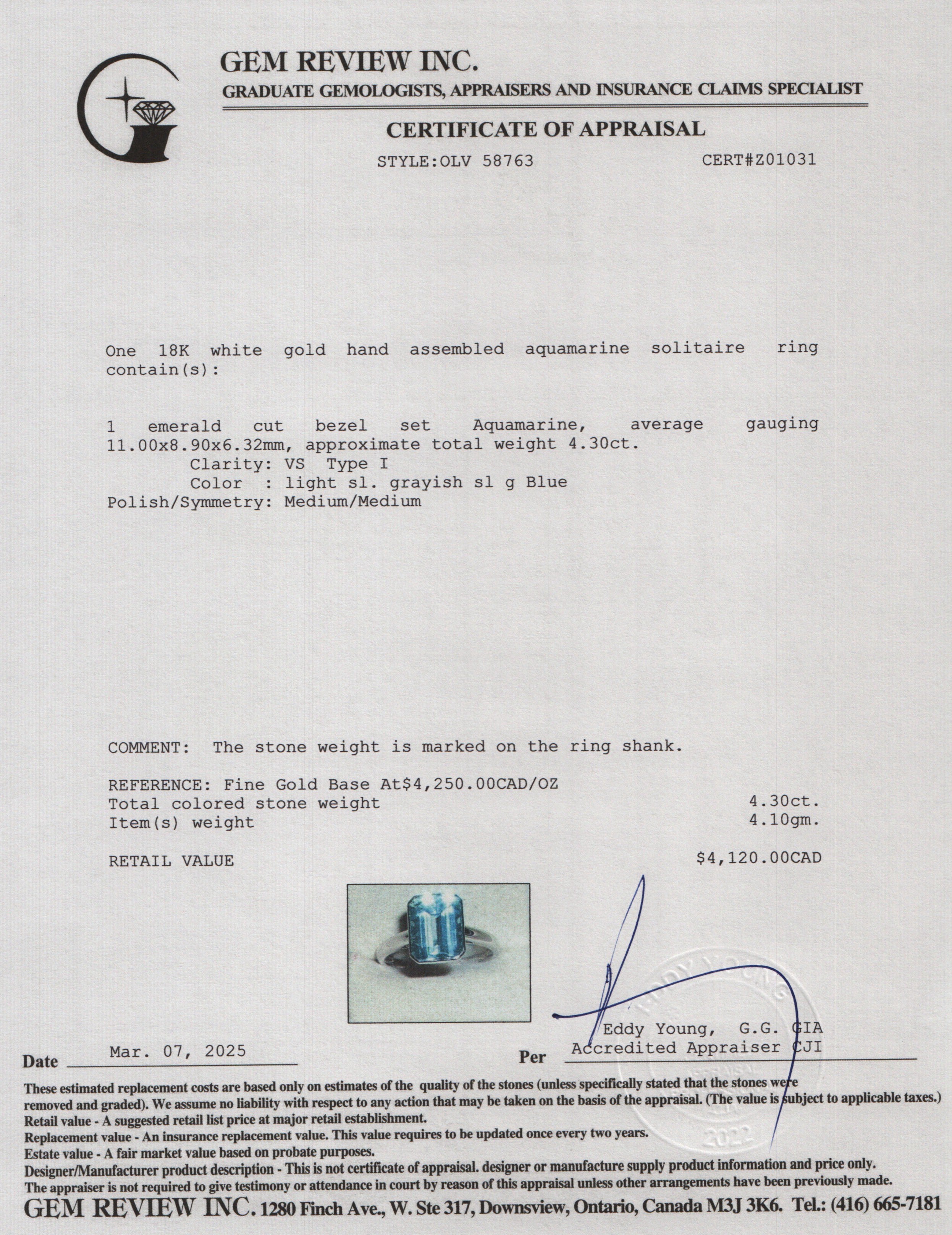 18k White Gold 4.30 ct. Aquamarine Solitaire Ring, Size 10