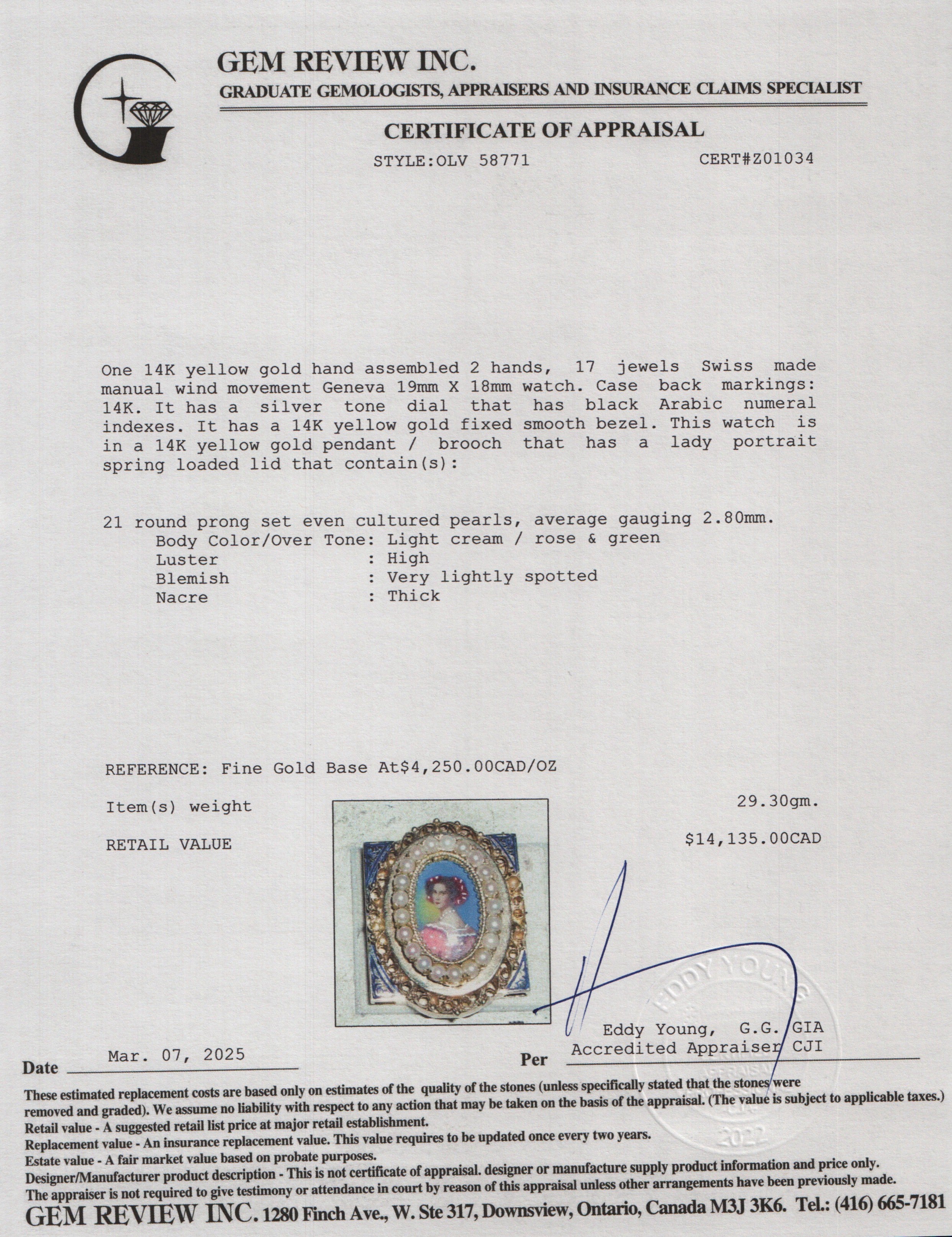 Antique 14k Yellow Gold Pearl Lady Portrait Watch Brooch/Pendant