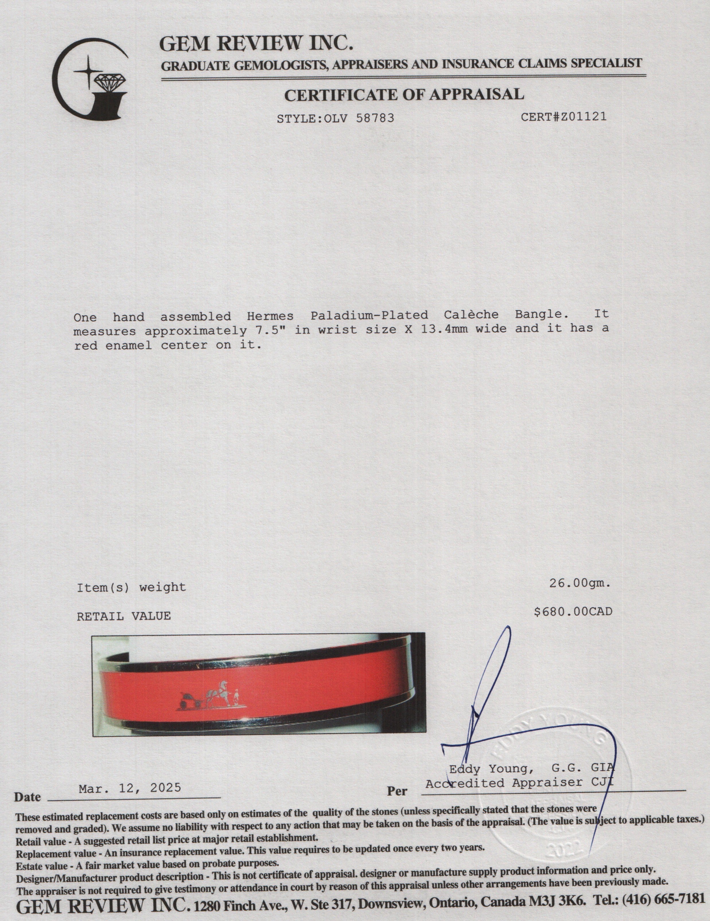 Hermes Paladium-Plated Calèche Red Enamel Bangle