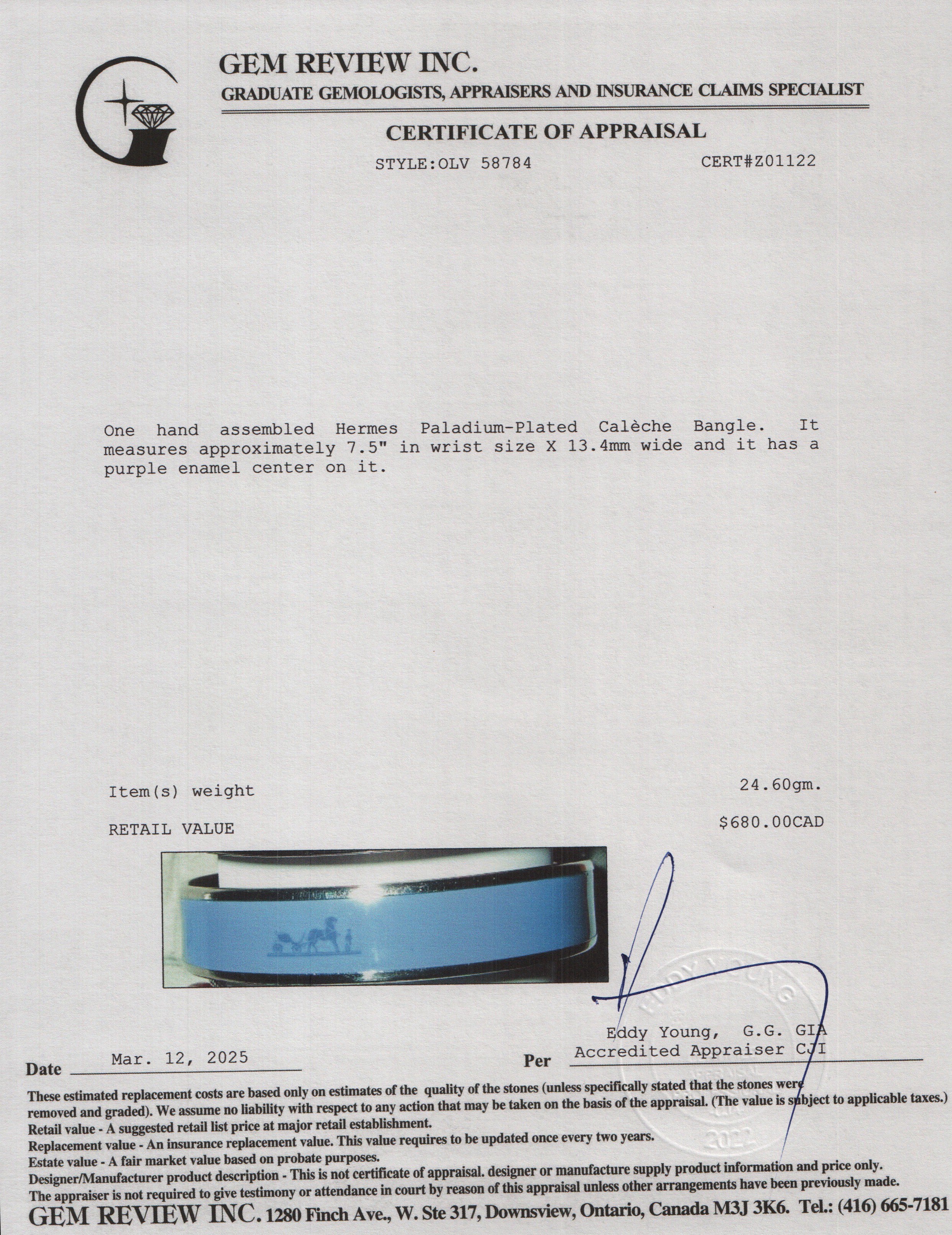 Hermes Paladium-Plated Calèche Purple Enamel Bangle