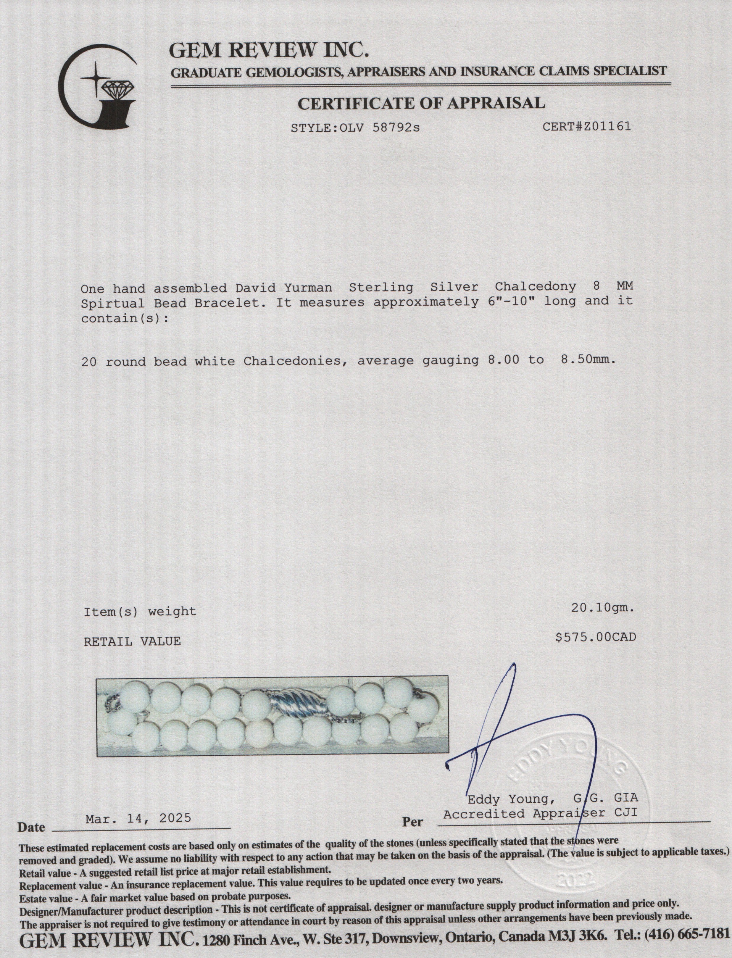 David Yurman Sterling Silver Chalcedony 8 MM Spirtual Bead Bracelet