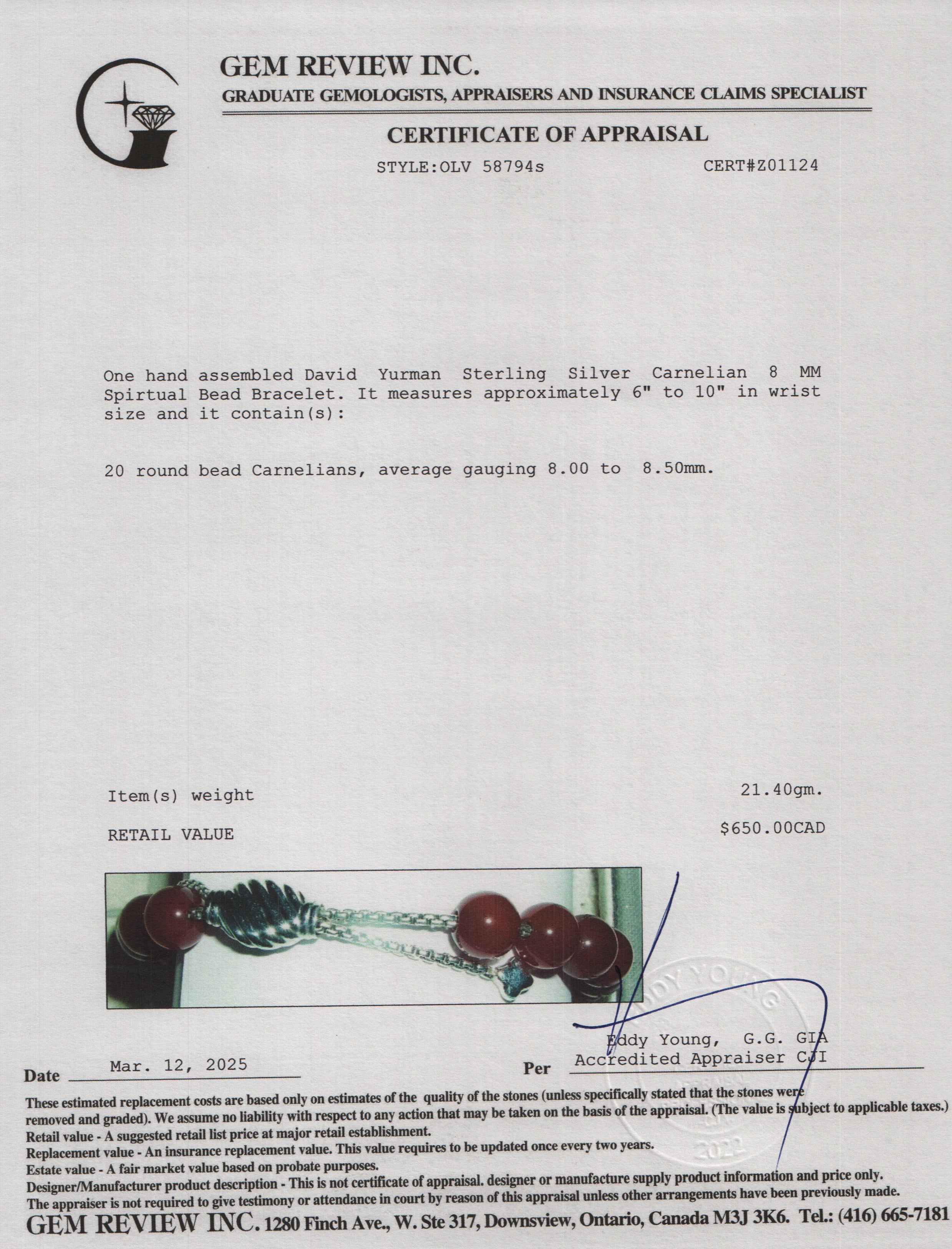 David Yurman Sterling Silver Carnelian 8 MM Spirtual Bead Bracelet