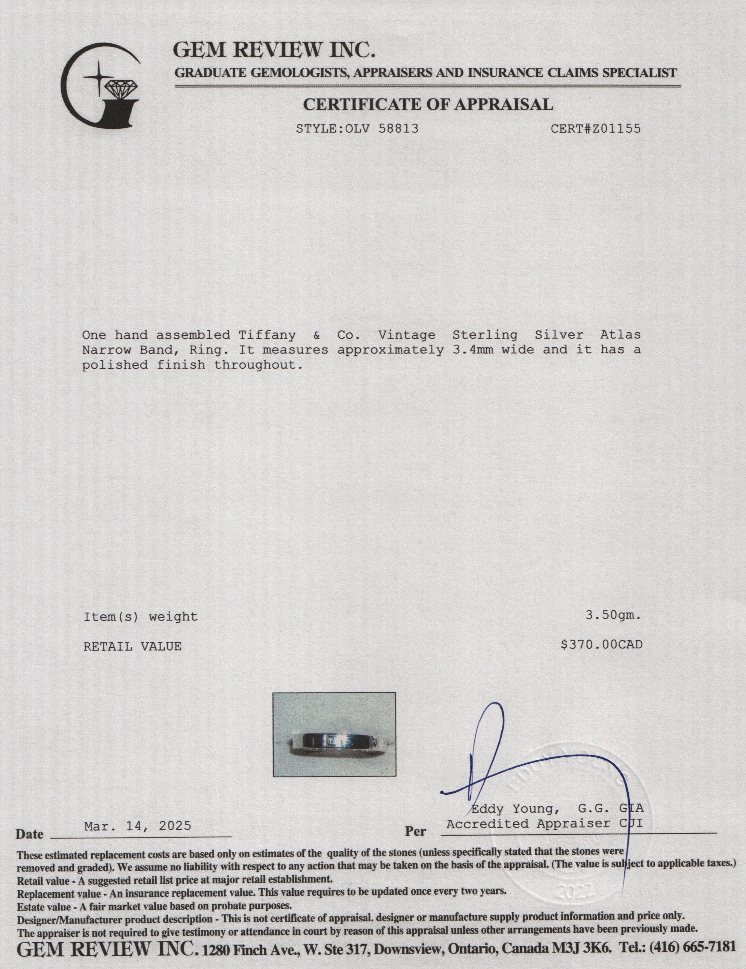 Tiffany & Co. Vintage Sterling Silver Atlas Narrow Band, Ring Size 7.5