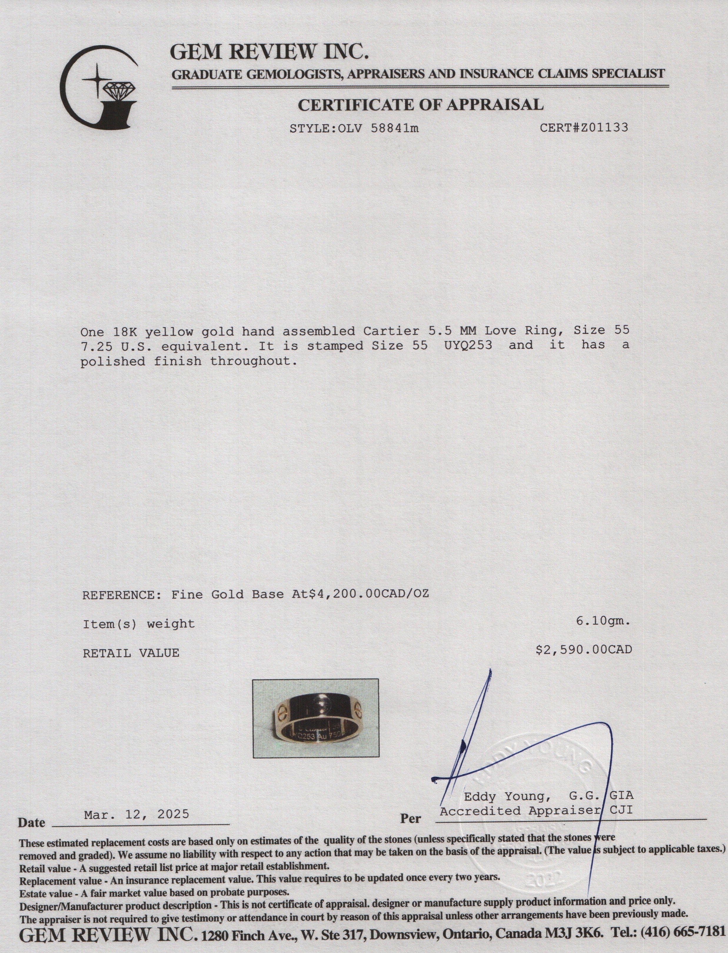 Cartier 2023 18k Yellow Gold 5.5 MM Love Ring, Size 55 7.25 w/ Box & Certificate