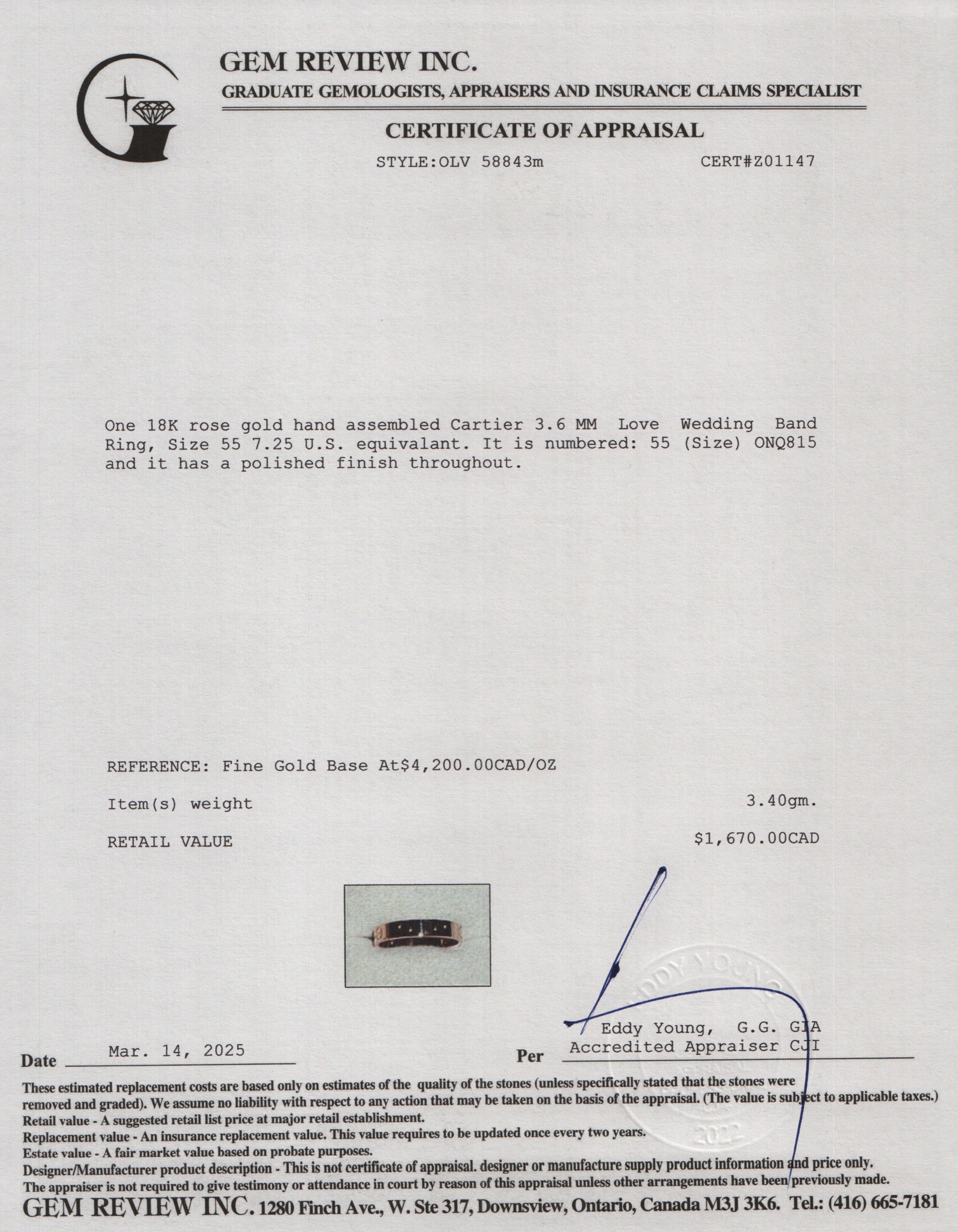 Cartier 18k Rose Gold 3.6 MM Love Wedding Band Ring, Size 55 7.25