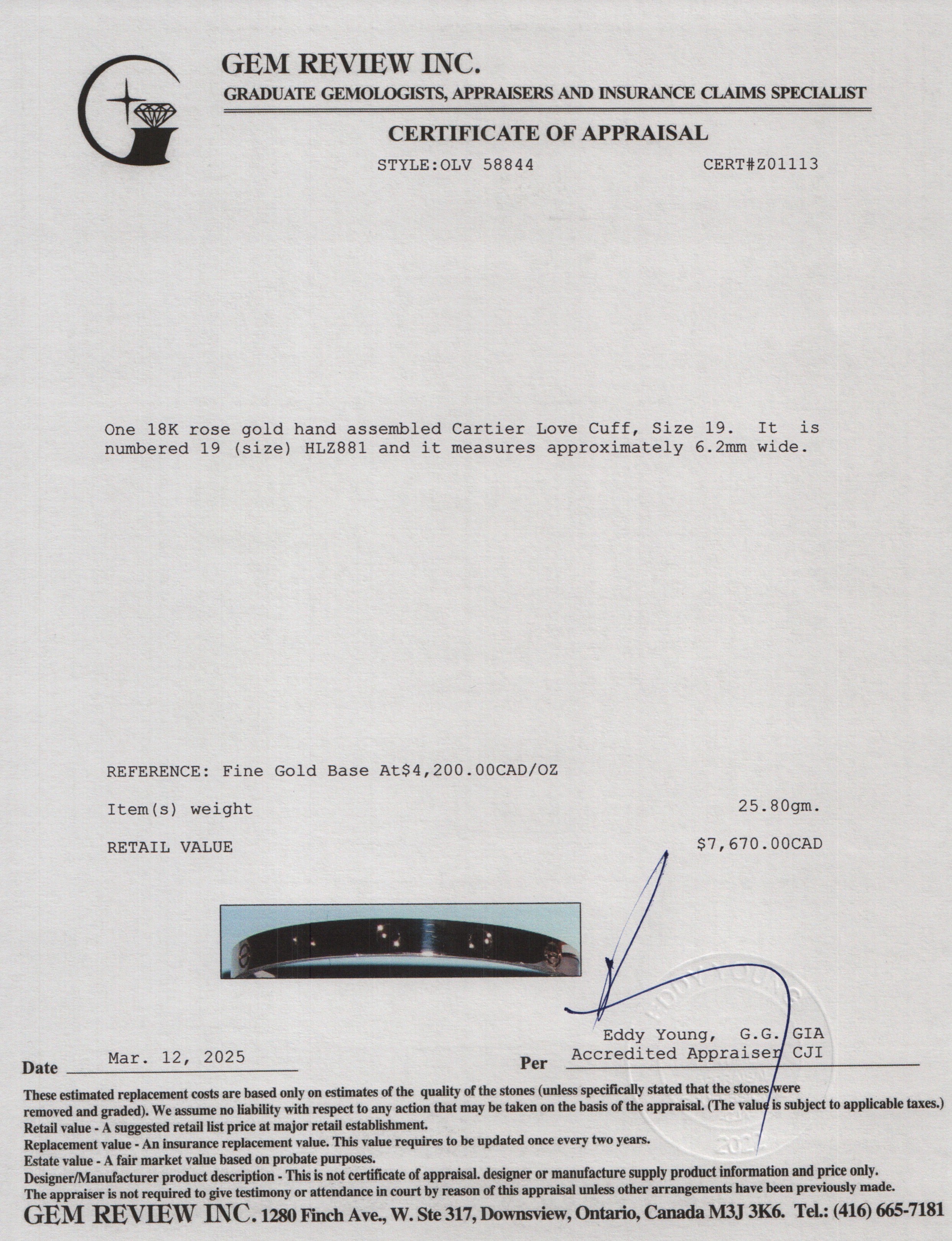 Cartier 18k Rose Gold Love Cuff, Size 19 w/ Box & Certificate