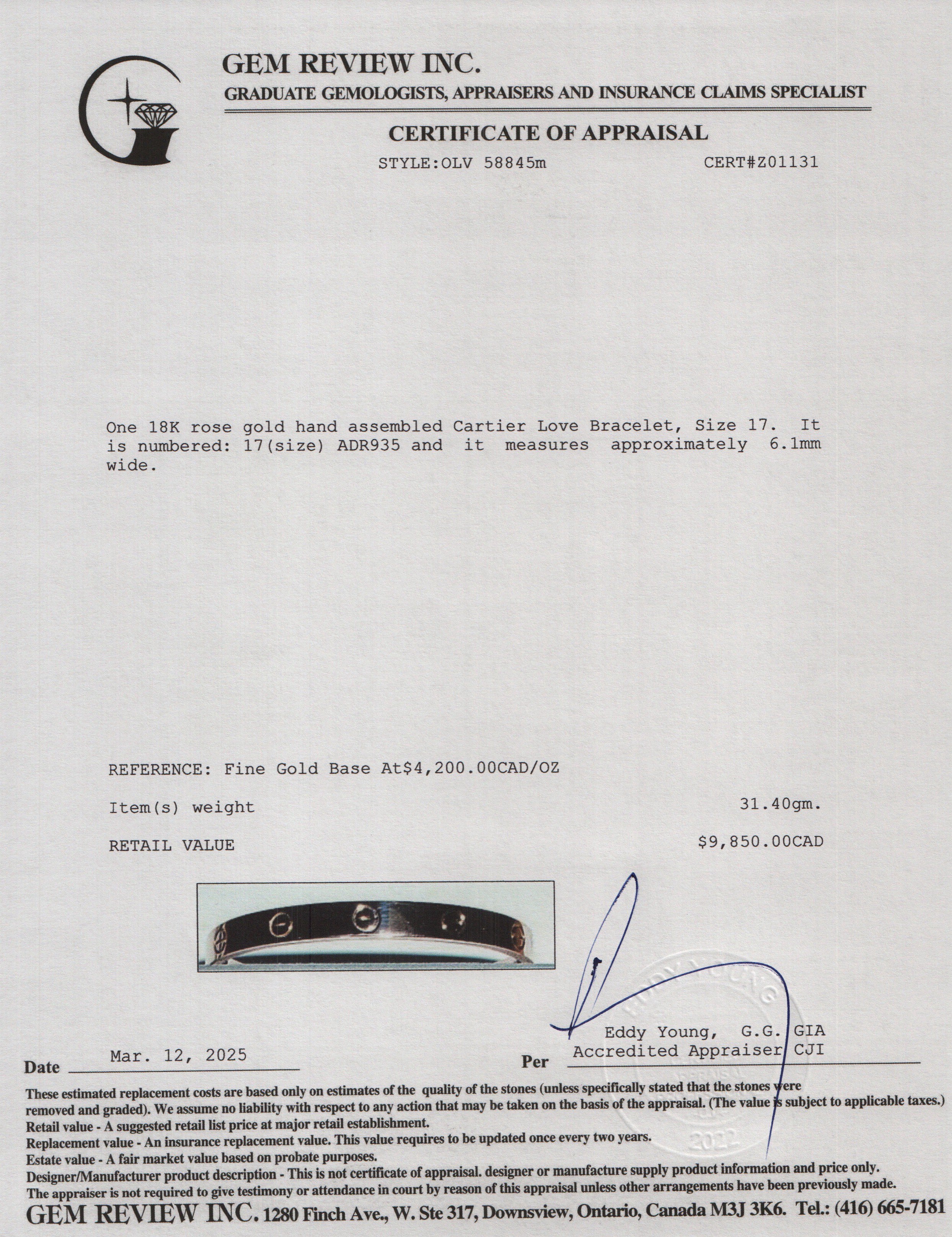 Cartier 18k Rose Gold Love Bracelet, Size 17 w/ Box, Receipt & Certificate