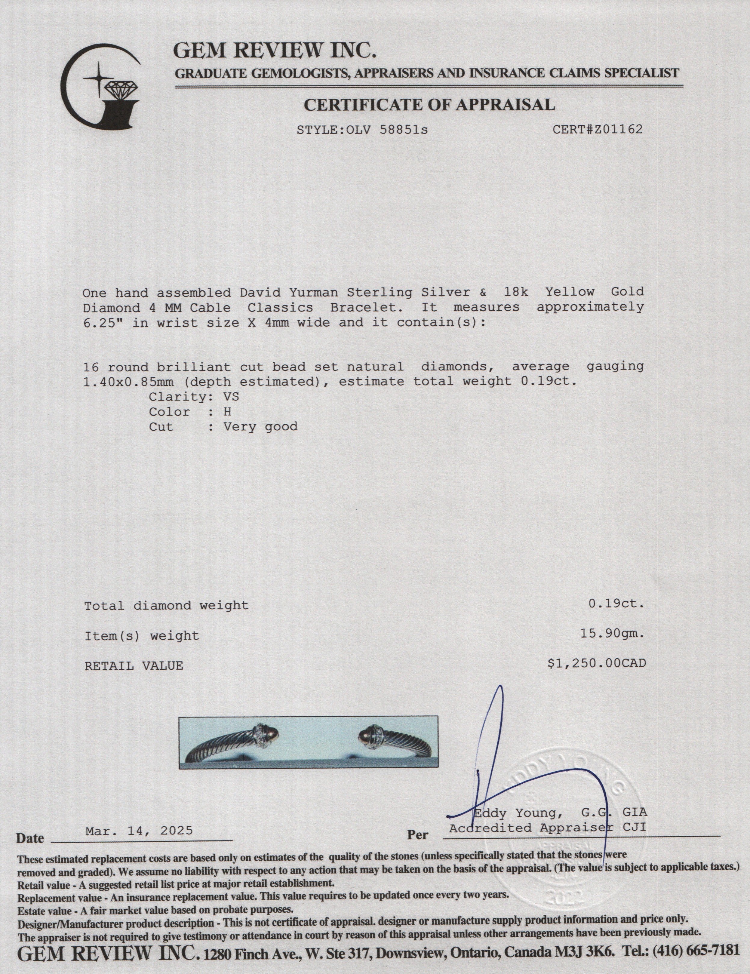 David Yurman Sterling Silver & 18k Yellow Gold Diamond 4 MM Cable Classics Bracelet