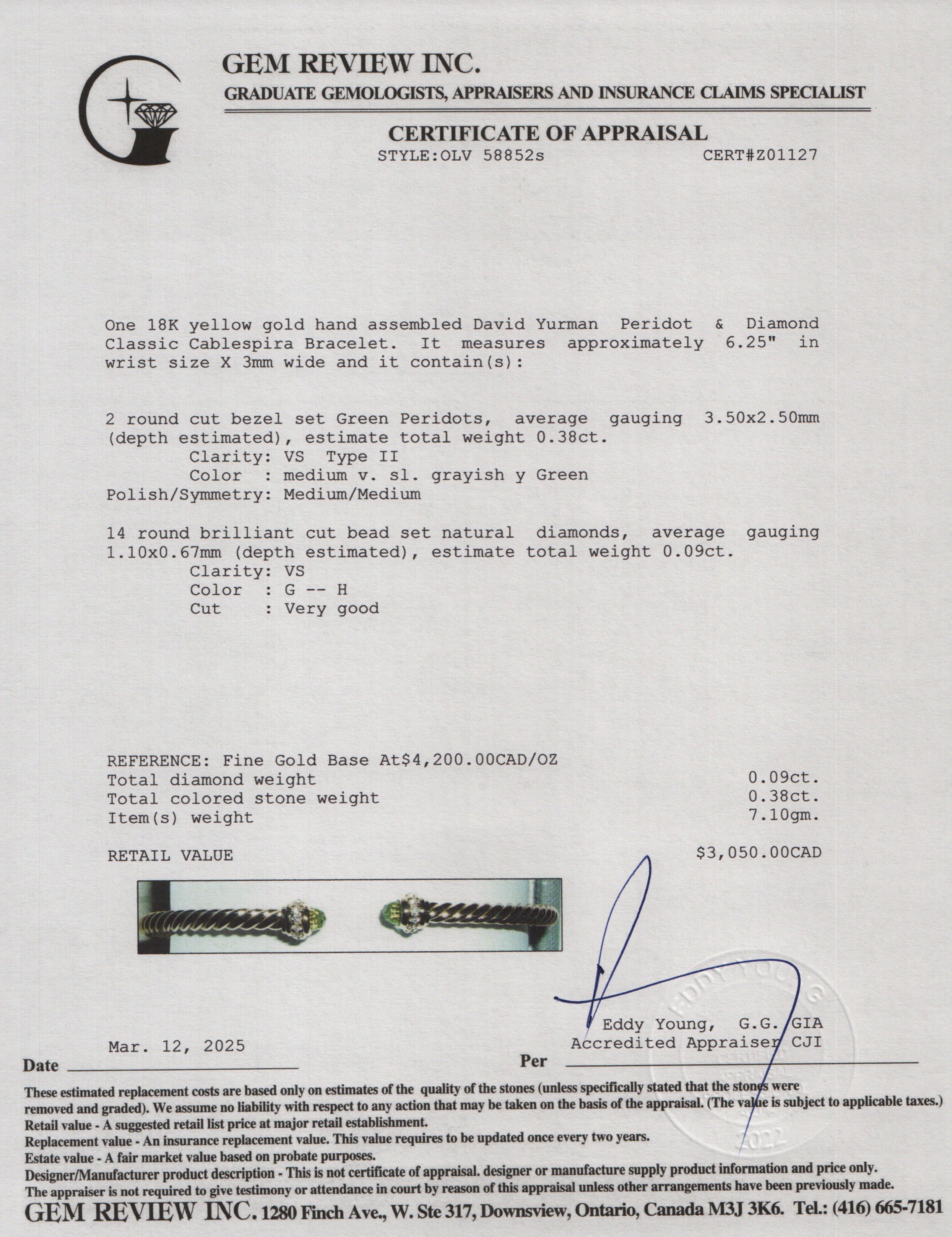 David Yurman 18k Yellow Gold Peridot & Diamond Classic Cablespira 3 MM Bracelet