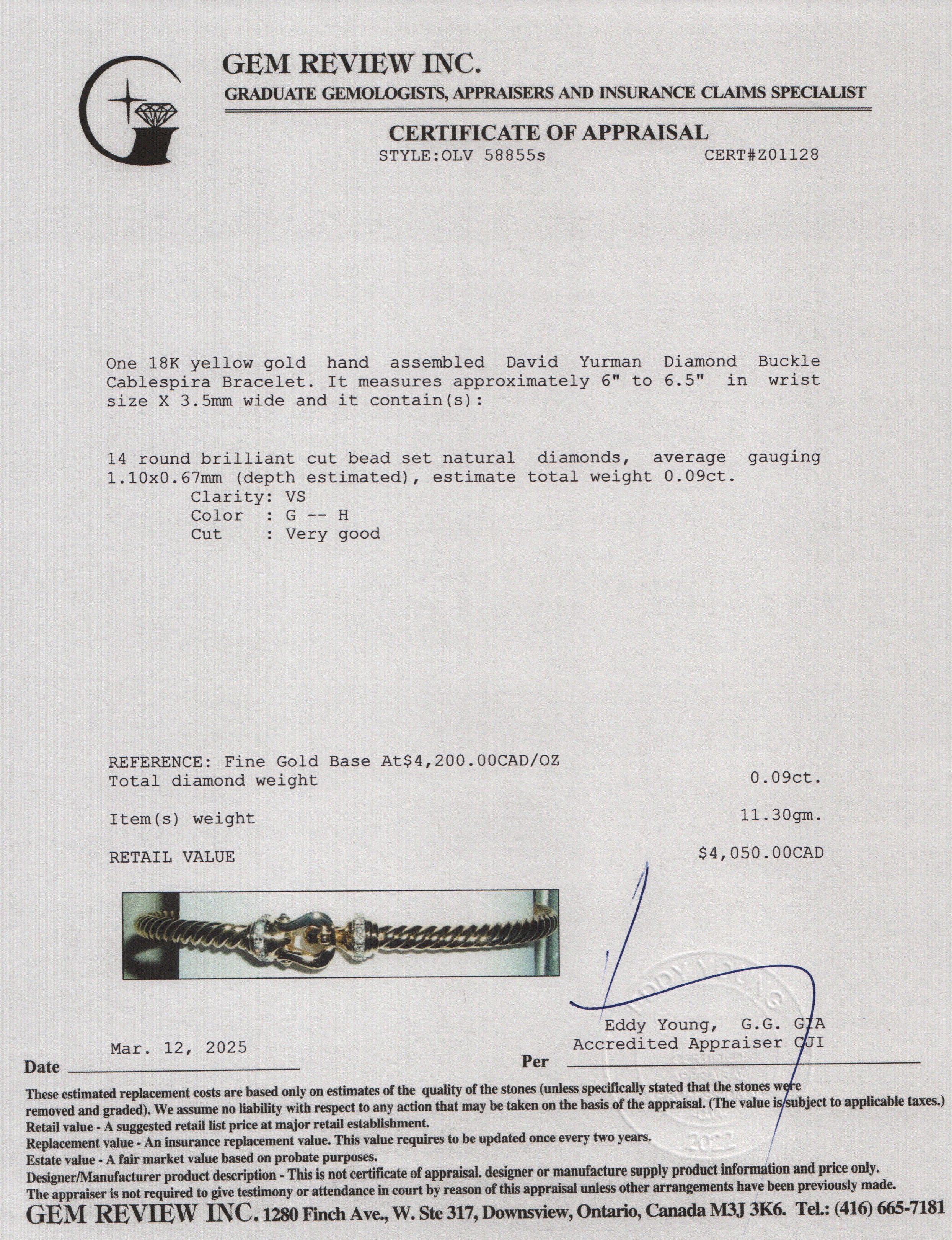 David Yurman 18k Yellow Gold Diamond Buckle Cablespira 3.5 MM Bracelet