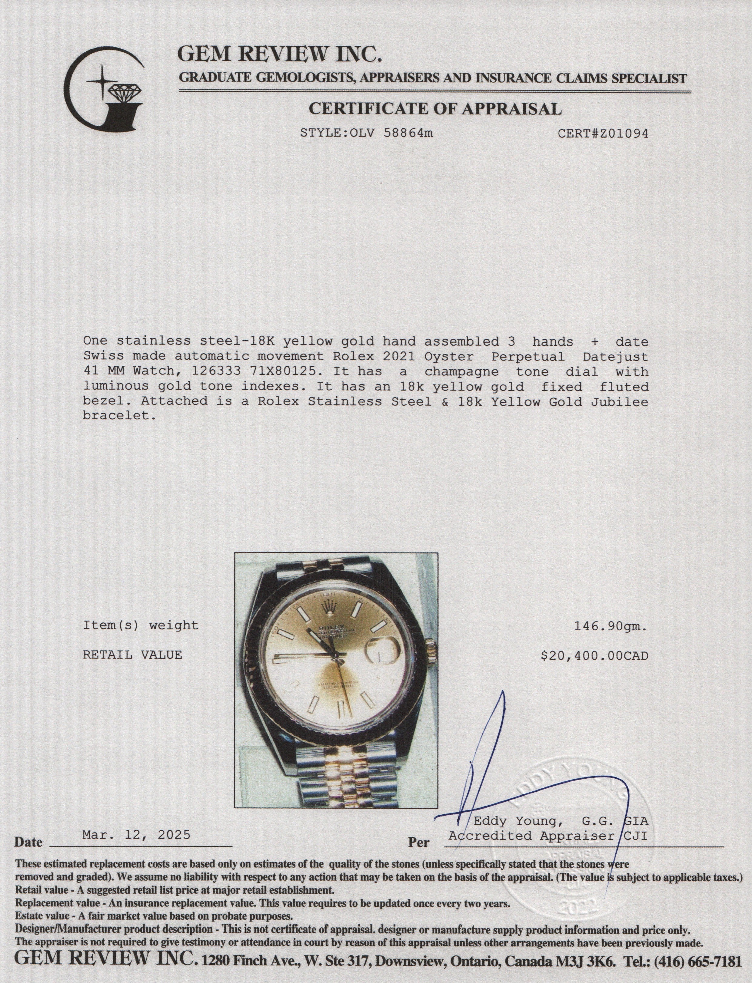 Rolex 2021 Stainless Steel & 18k Yellow Gold Oyster Perpetual Datejust 41 MM Watch Gold Dial 126333 w/ Box & Papers