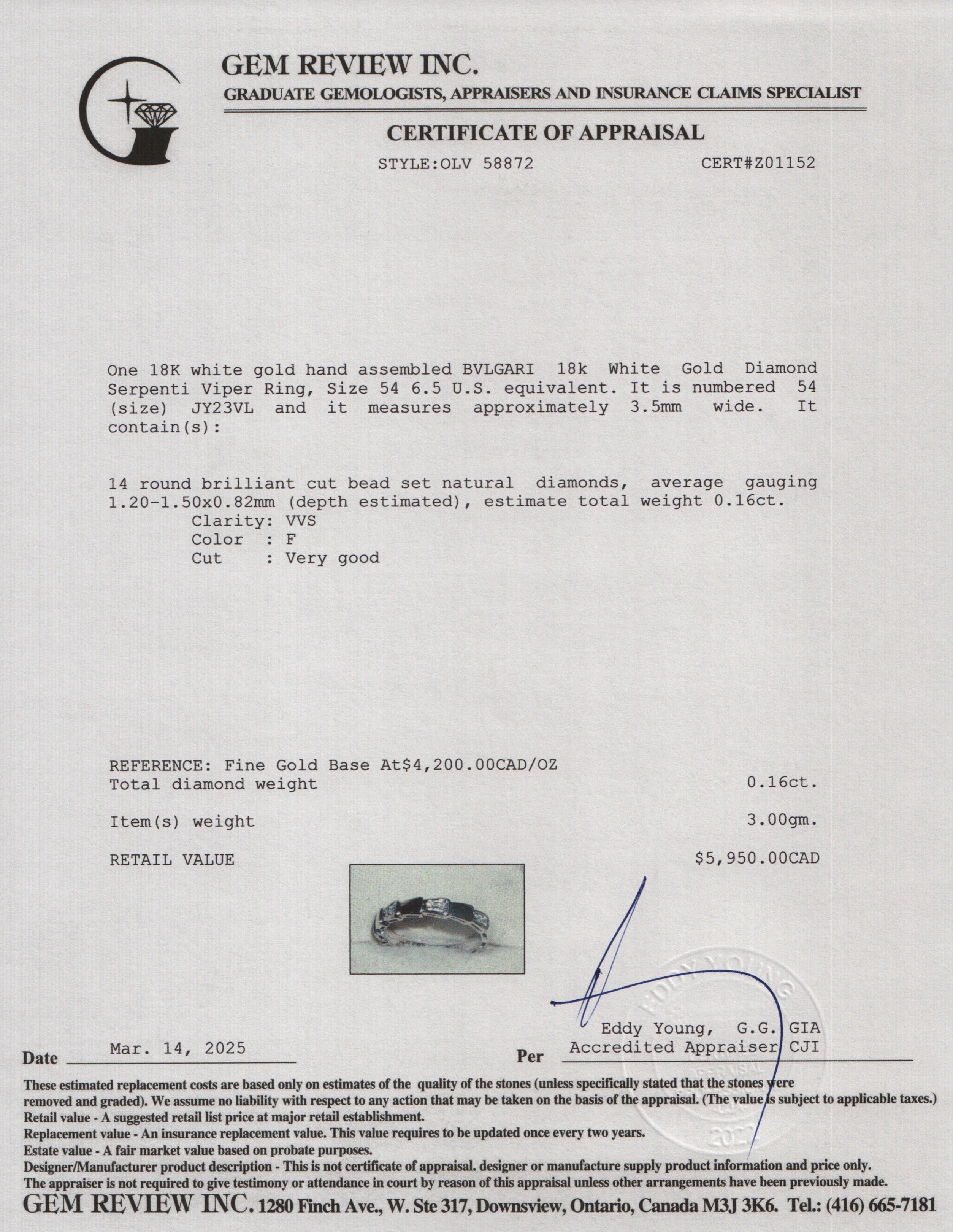 BVLGARI 18k White Gold Diamond Serpenti Viper Ring, Size 54 6.5 w/ Box