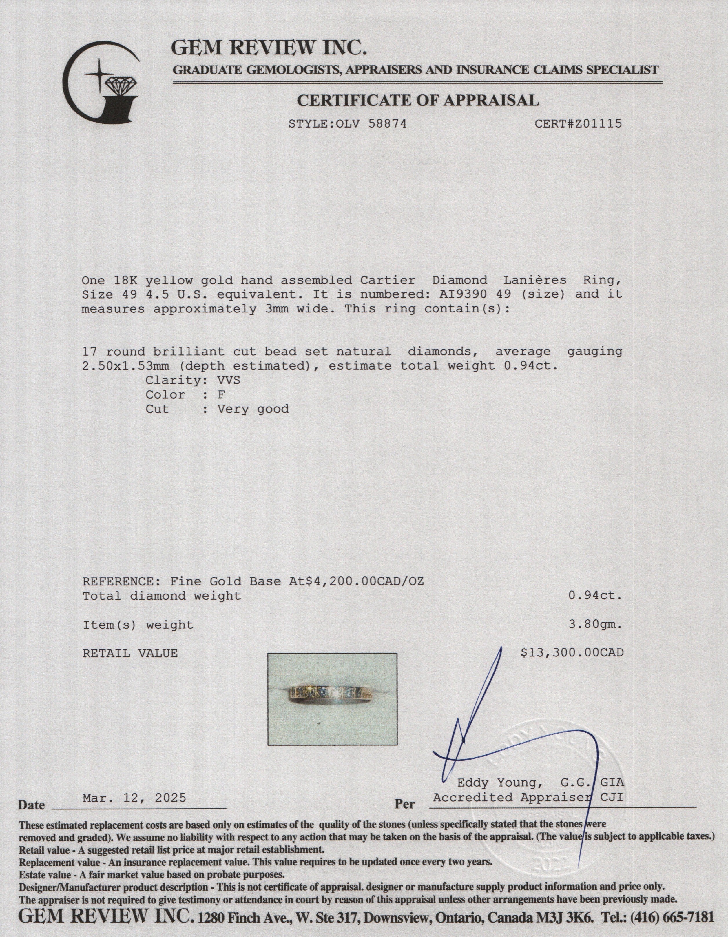 Cartier 18k Yellow Gold Diamond Lanières Ring, Size 49 4.5 w/ Box