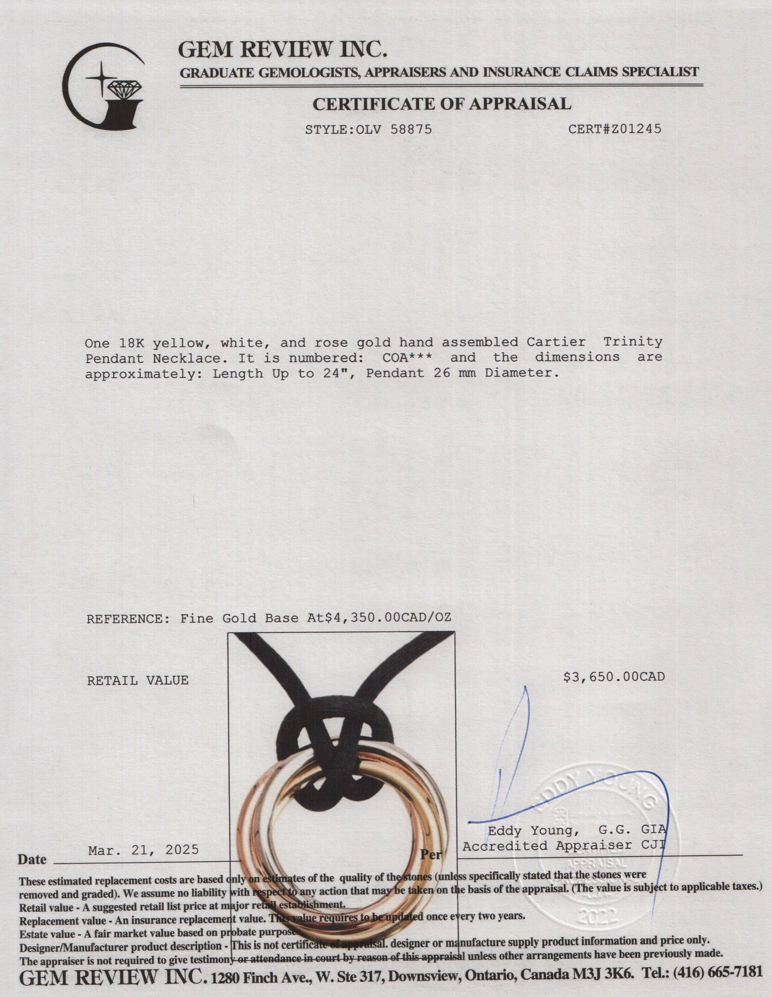 Cartier 18k Yellow, White & Rose Gold Trinity Pendant Necklace w/ Box & Certificate