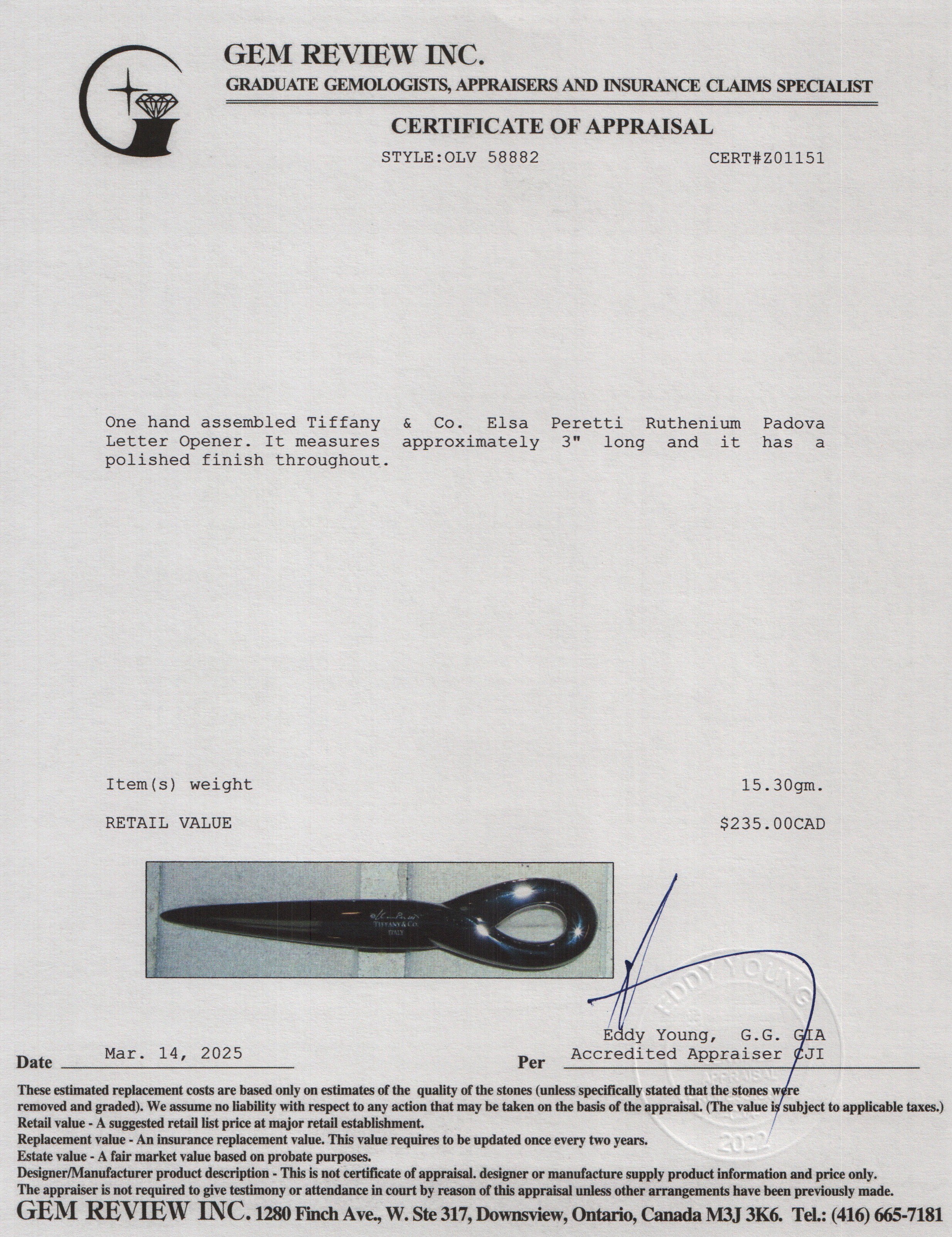 Tiffany & Co. Elsa Peretti Ruthenium Padova Letter Opener