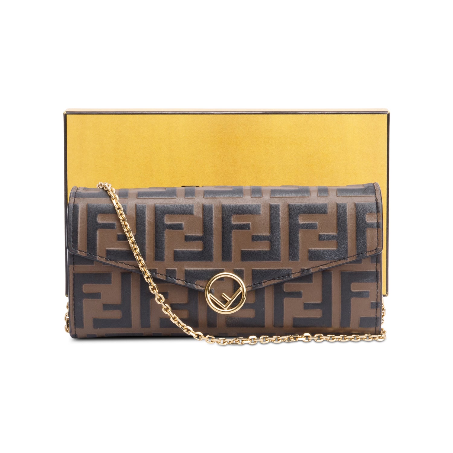 Fendi Brown FF Zucca Embossed Leather Continental Wallet on Chain w/ Box