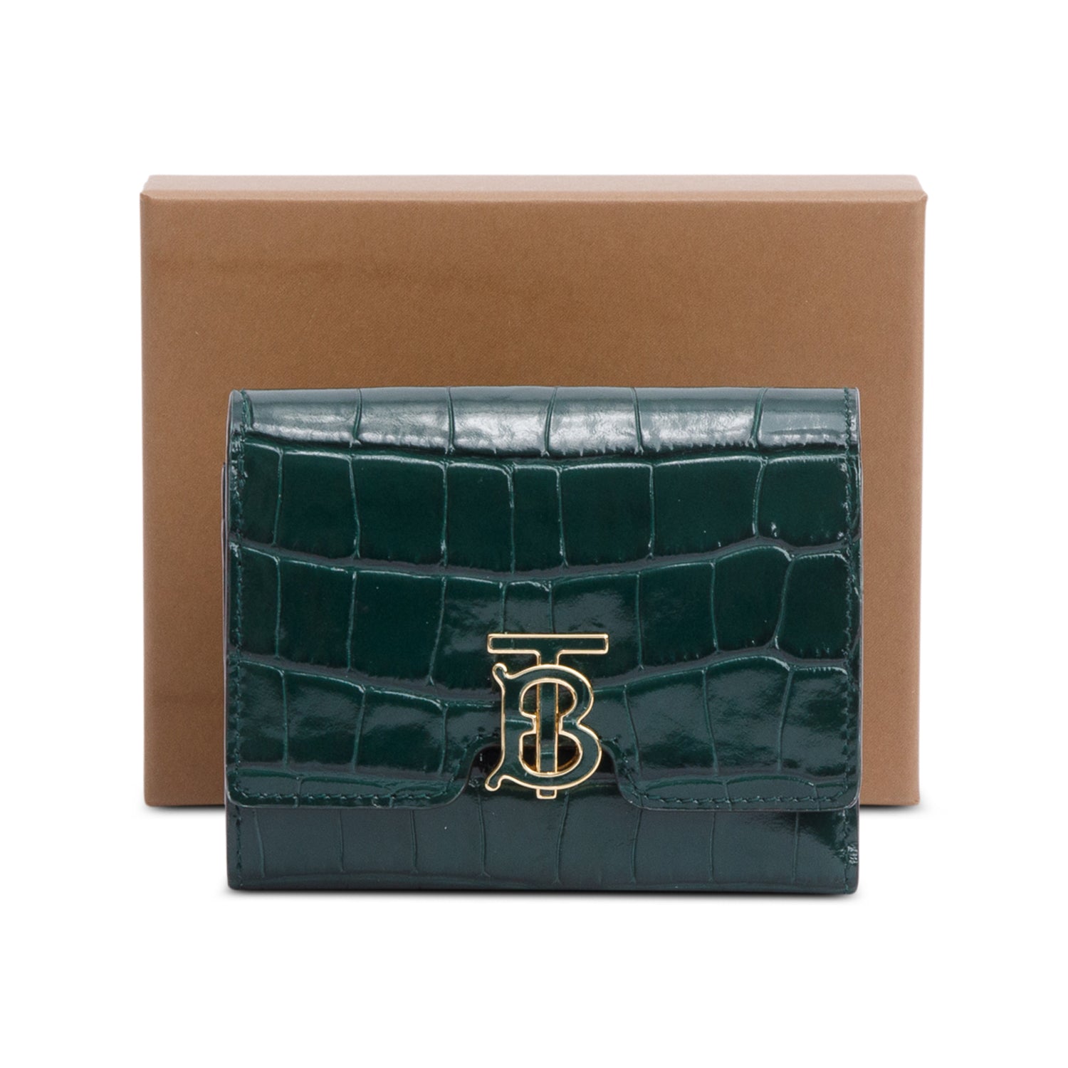 Burberry Green Croc-Embossed Leather TB Compact Wallet w/ Box