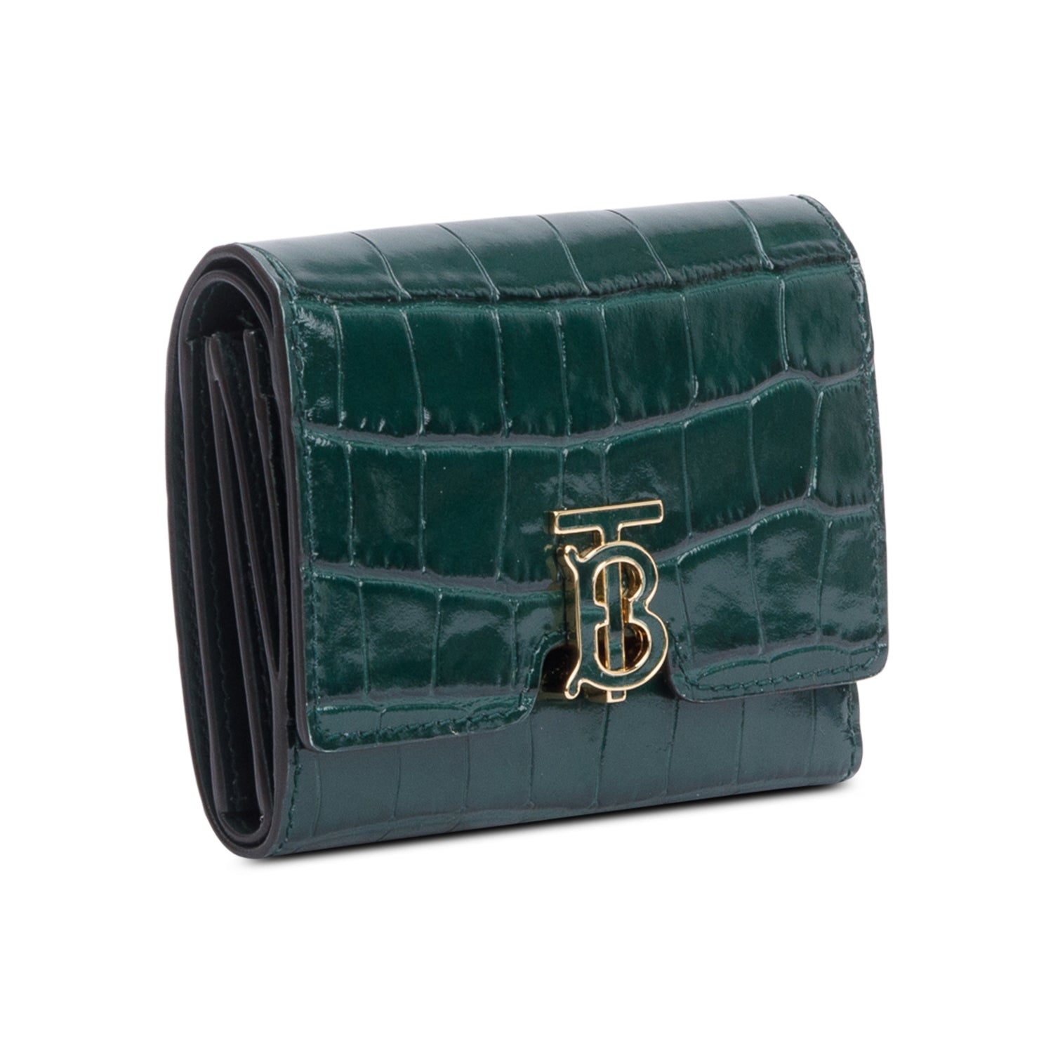 Burberry Green Croc-Embossed Leather TB Compact Wallet w/ Box
