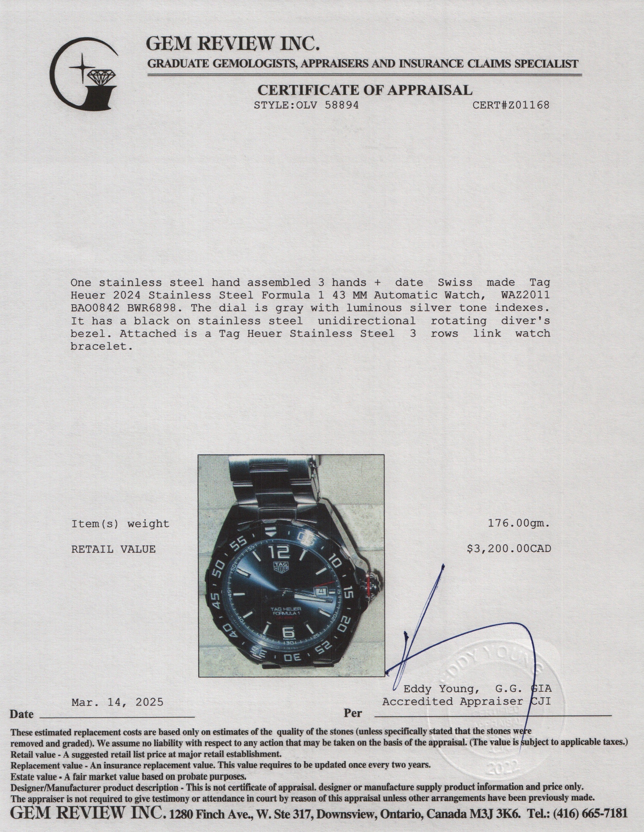 Tag Heuer 2024 Stainless Steel Formula 1 43 MM Automatic Watch WAZ2011 w/ Box & Papers