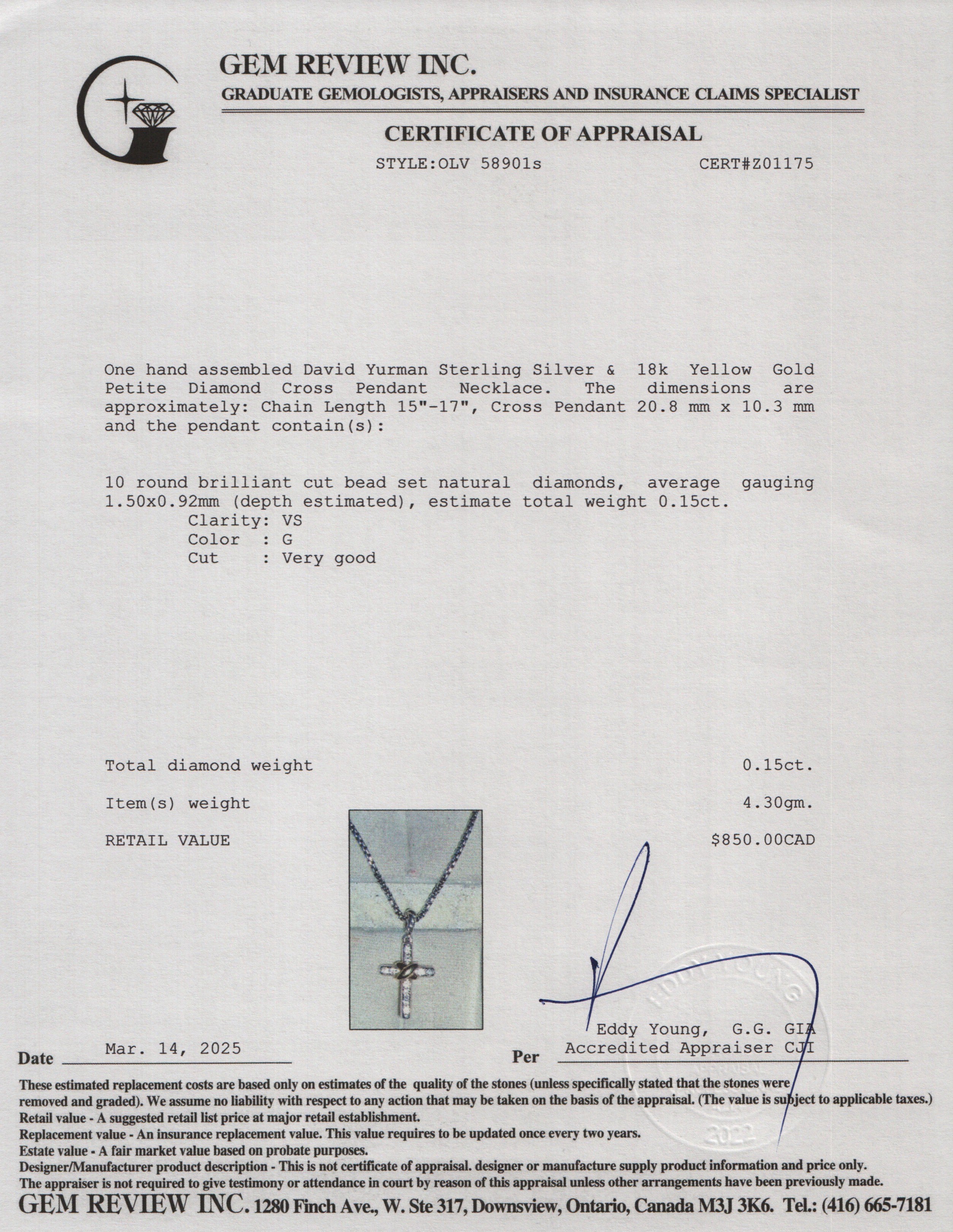 David Yurman Sterling Silver & 18k Yellow Gold Petite Diamond Cross Pendant Necklace