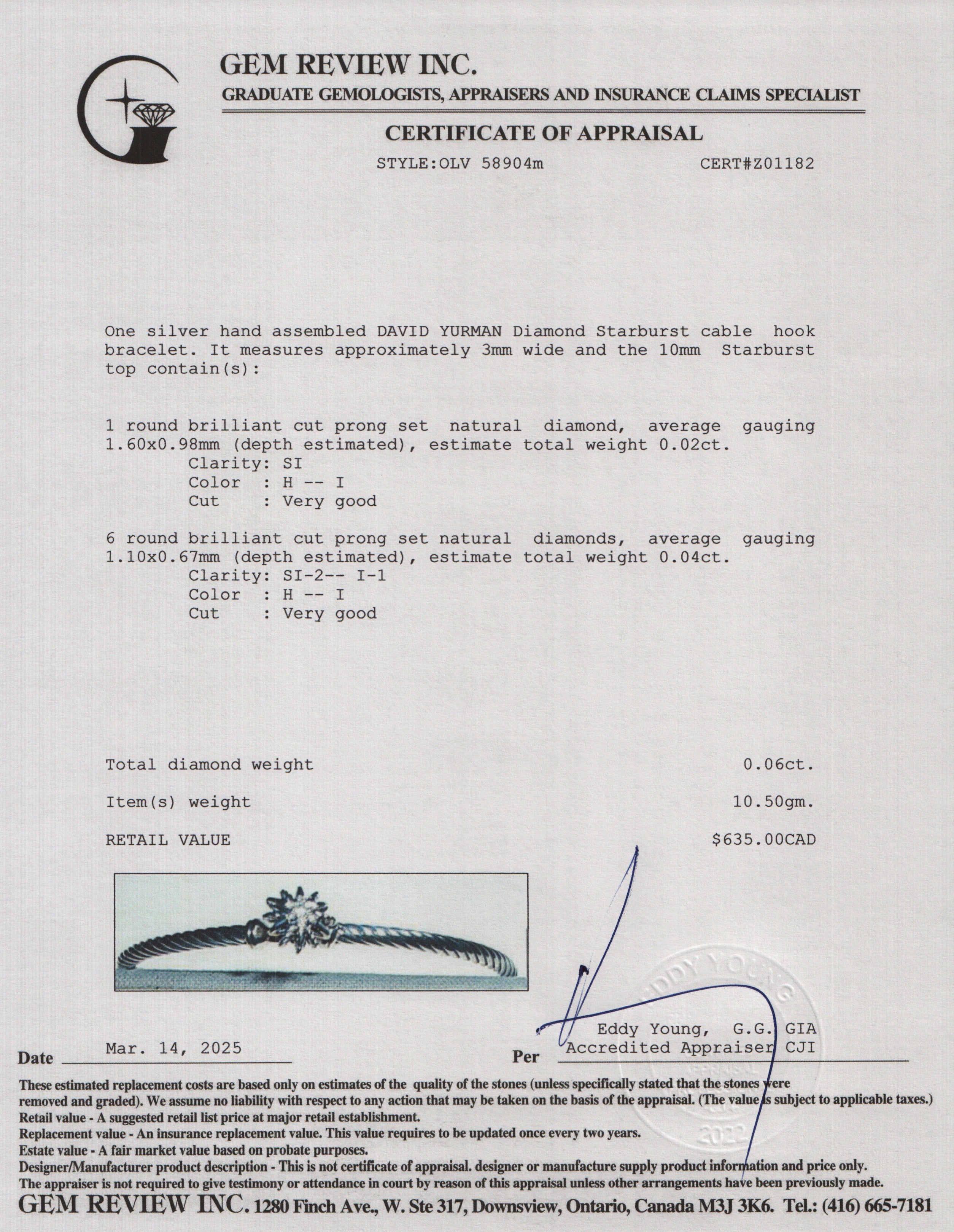 David Yurman Sterling Silver Diamond Starburst 3MM Cable Hook Bracelet