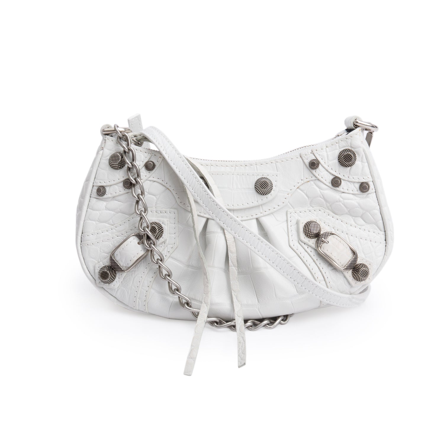 Balenciaga White Crocodile Embossed Leather Mini Le Cagole Crossbody with Chain