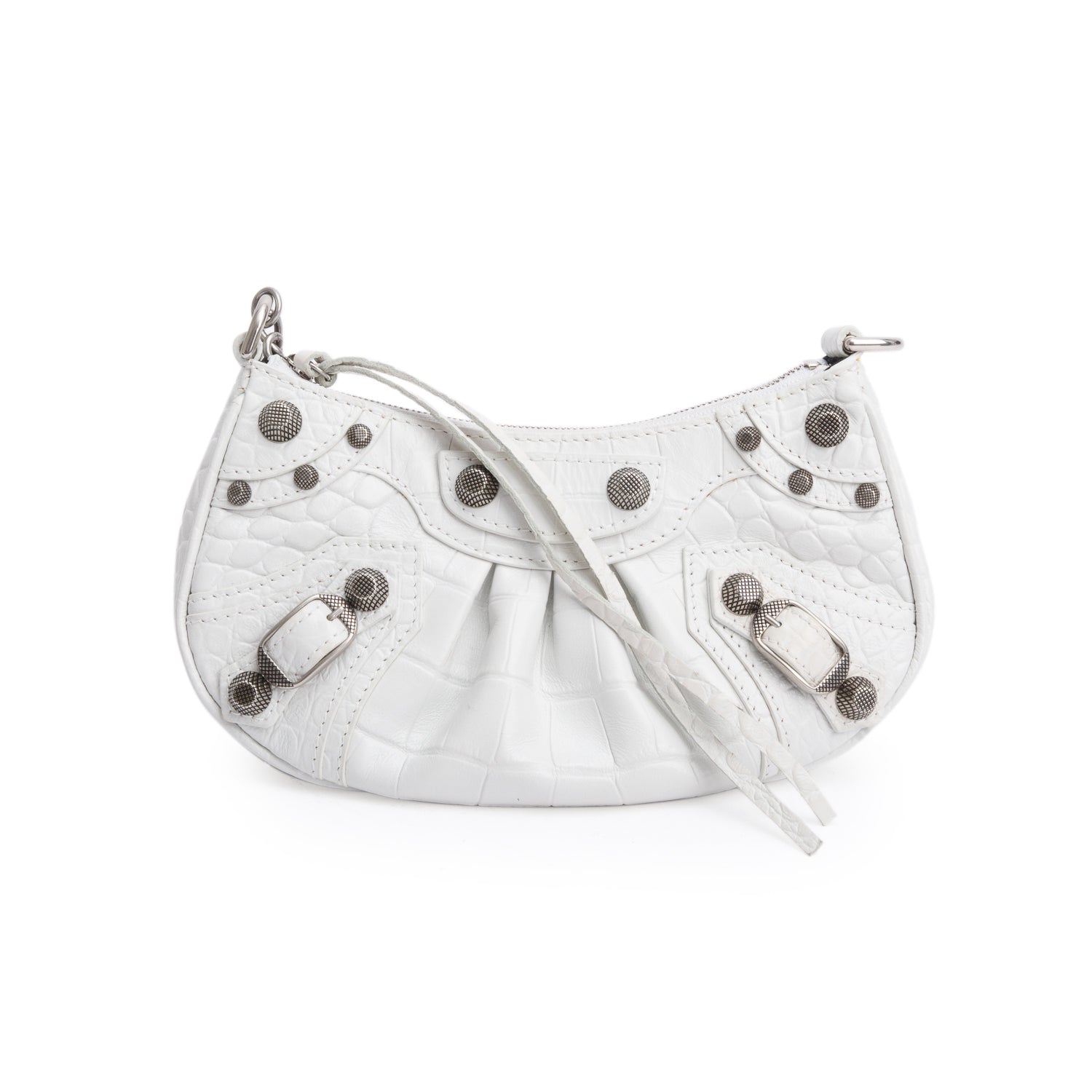 Balenciaga White Crocodile Embossed Leather Mini Le Cagole Crossbody with Chain