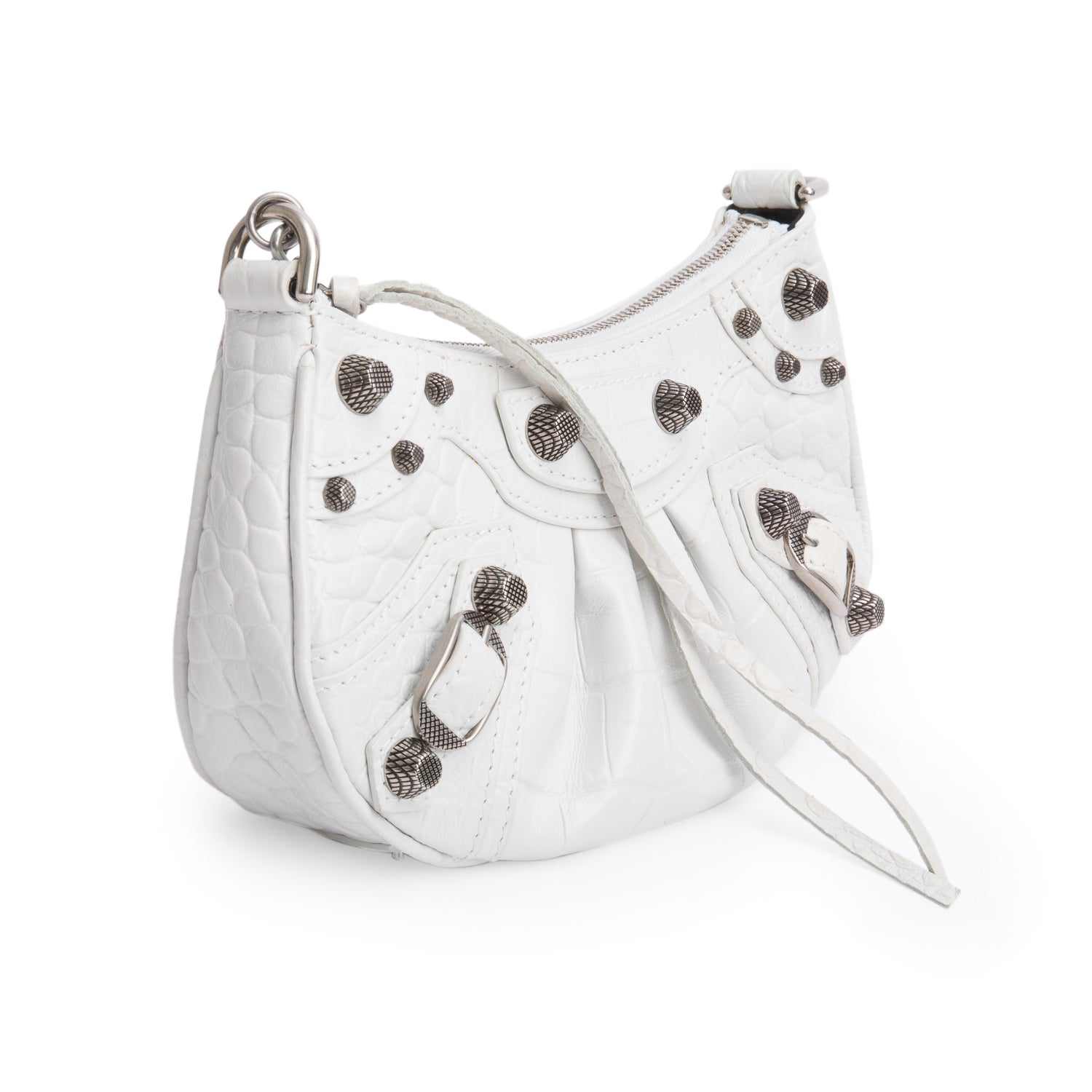 Balenciaga White Crocodile Embossed Leather Mini Le Cagole Crossbody with Chain