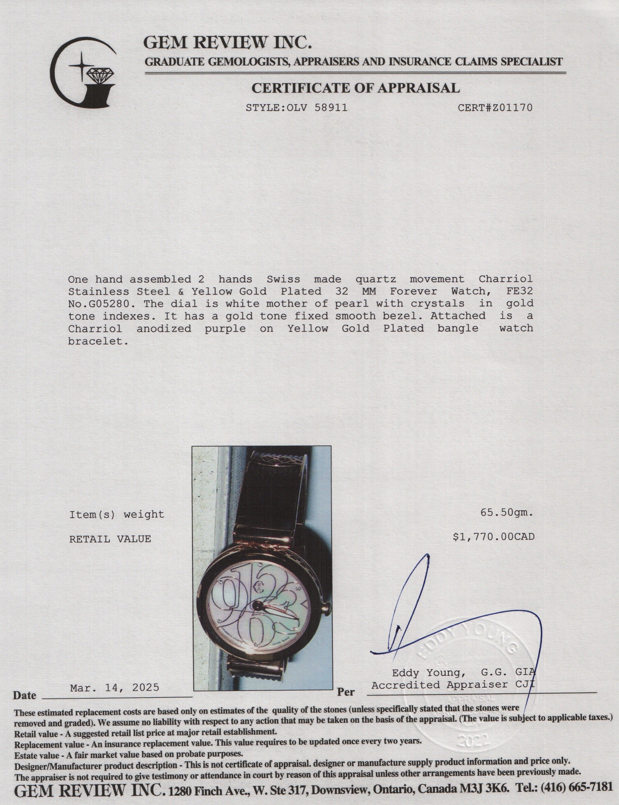 Charriol Stainless Steel & Yellow Gold Plated Mother of Pearl Dial 32 MM Forever Watch w/ Box