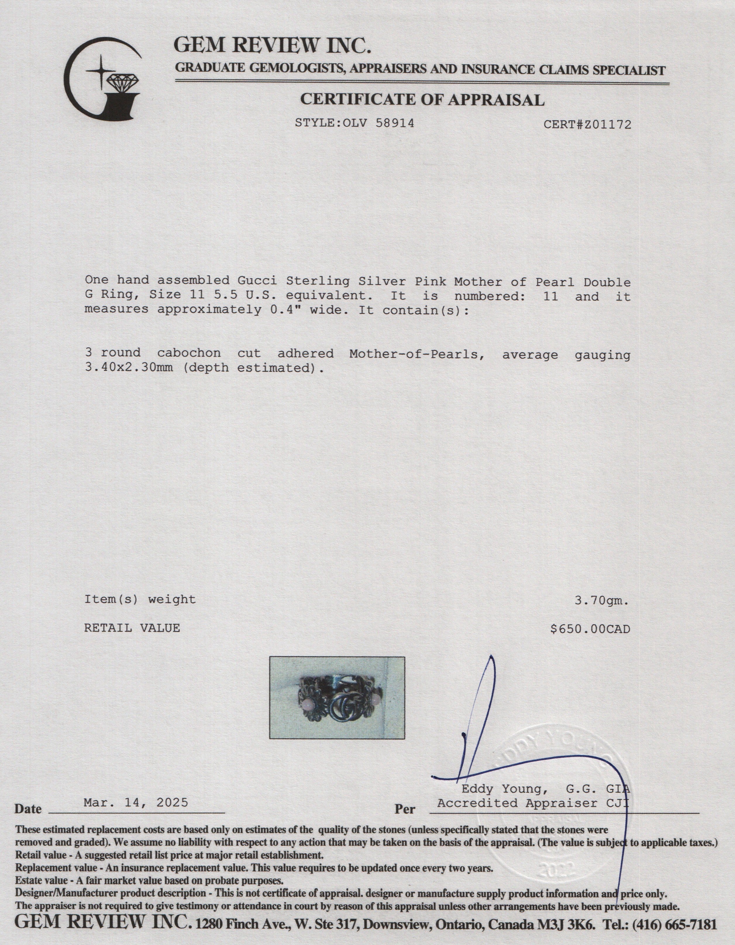 Gucci Sterling Silver Pink Mother of Pearl Double G Ring, Size 11 5.5