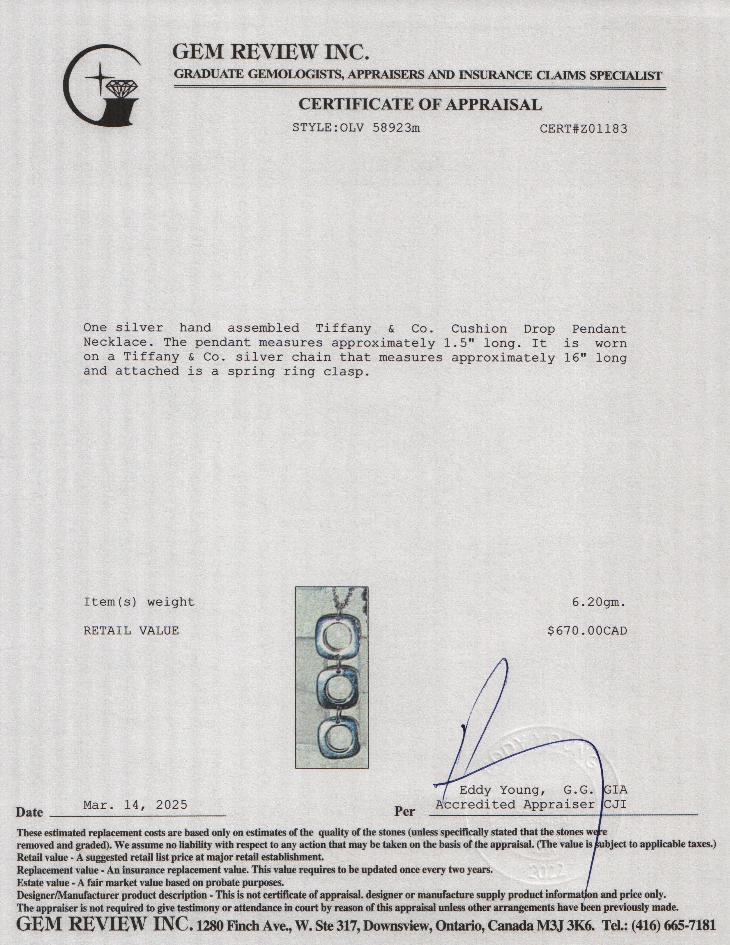 Tiffany & Co. Sterling Silver Cushion Drop Pendant Necklace