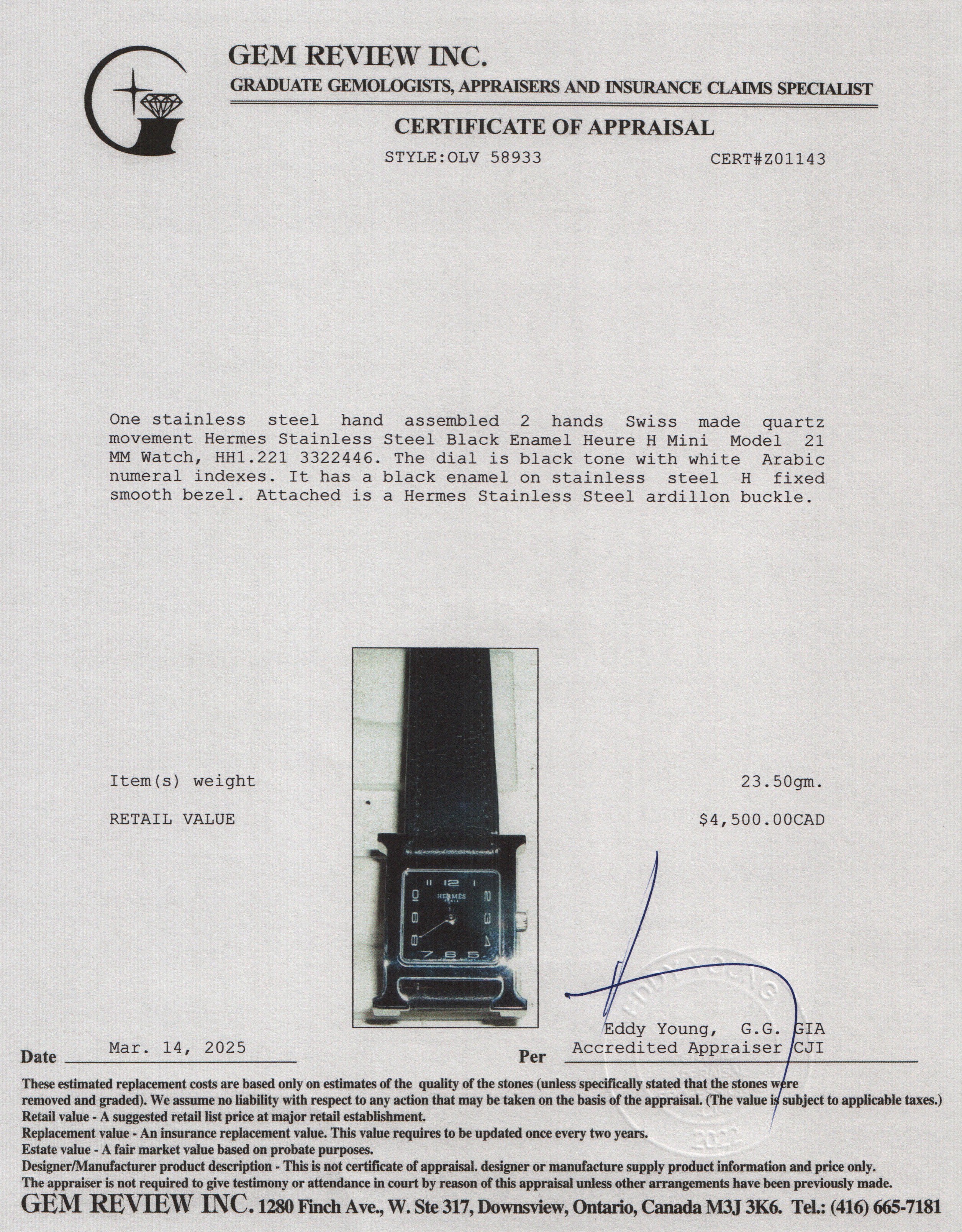 Hermes Stainless Steel Black Enamel Heure H Mini Model 21 MM Watch w/ Box & Papers