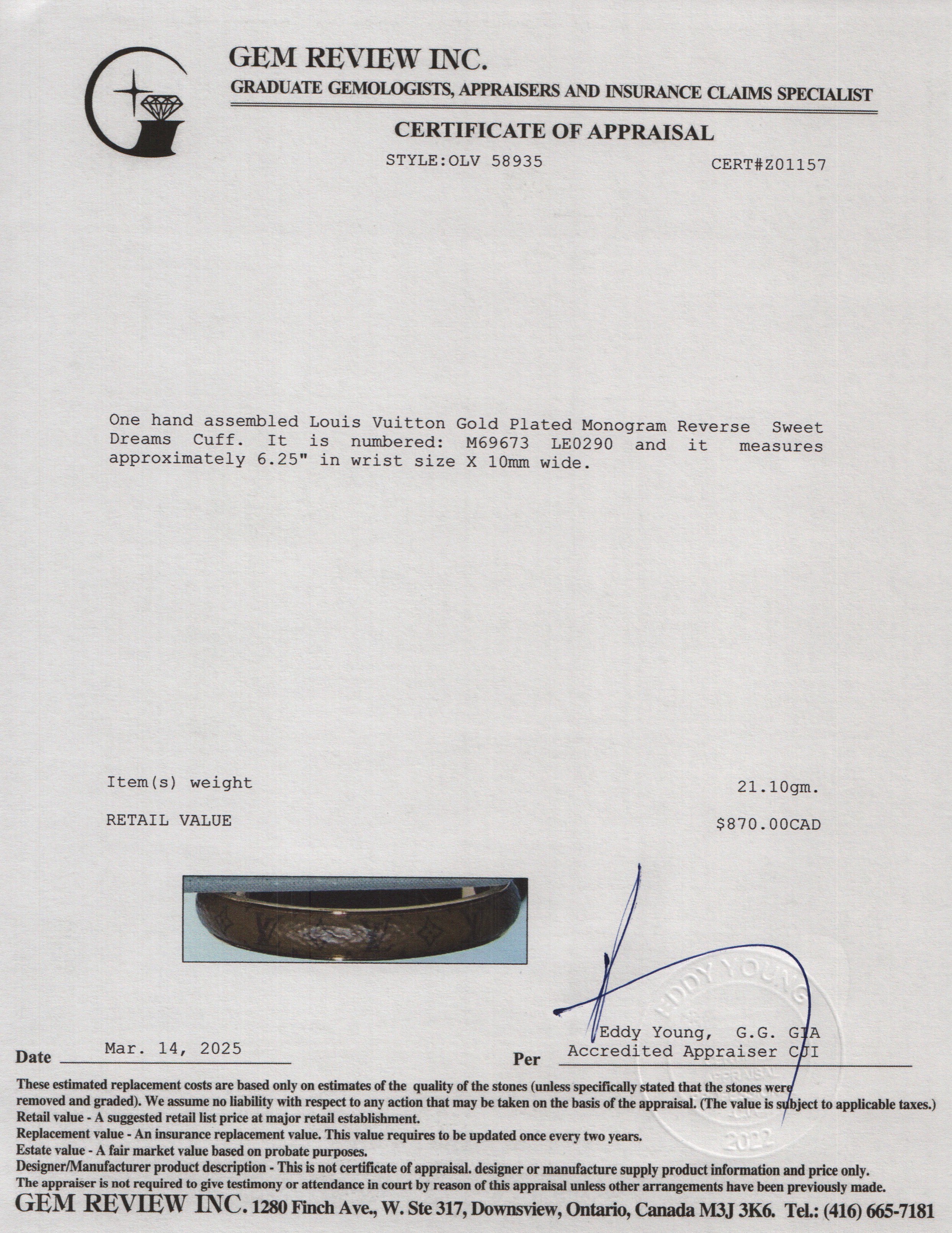 Louis Vuitton Gold Plated Monogram Reverse Sweet Dreams Cuff w/ Box