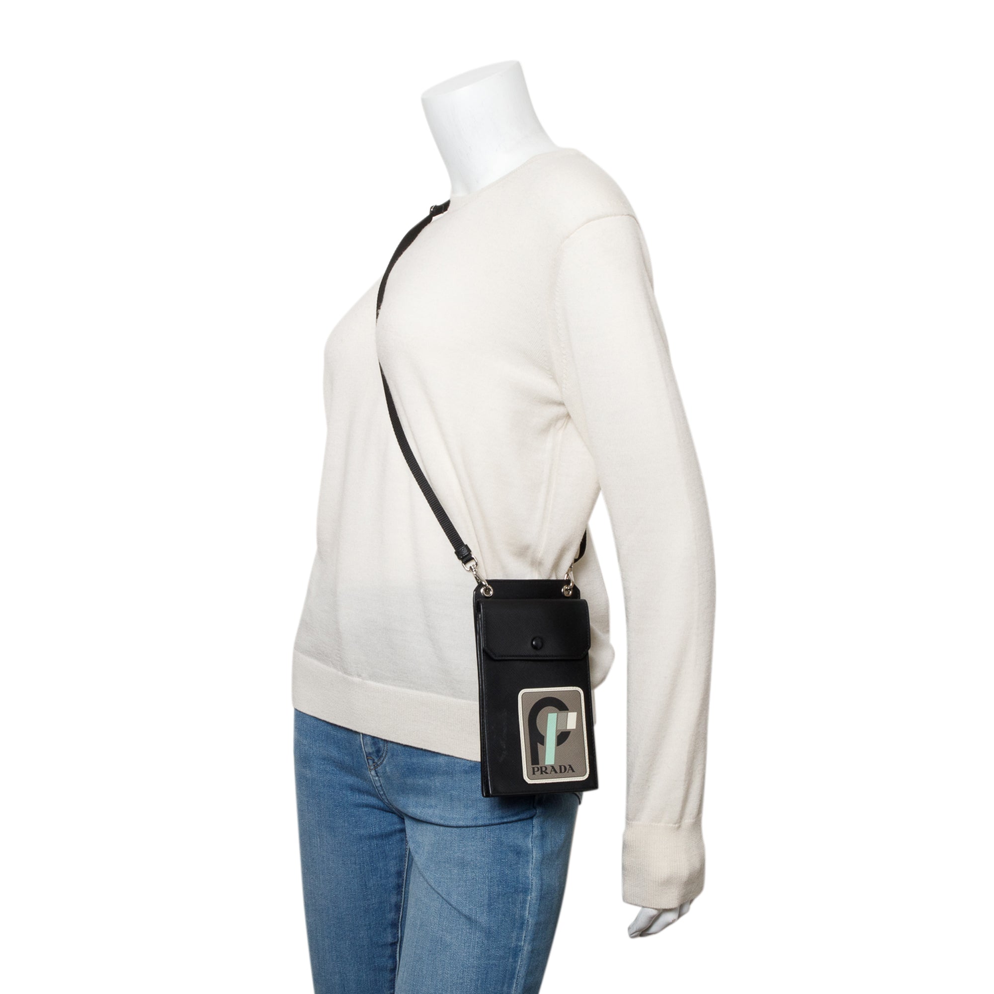 Prada Black Saffiano Lux Leather Racing Logo Patch Phone Pouch Crossbody Bag